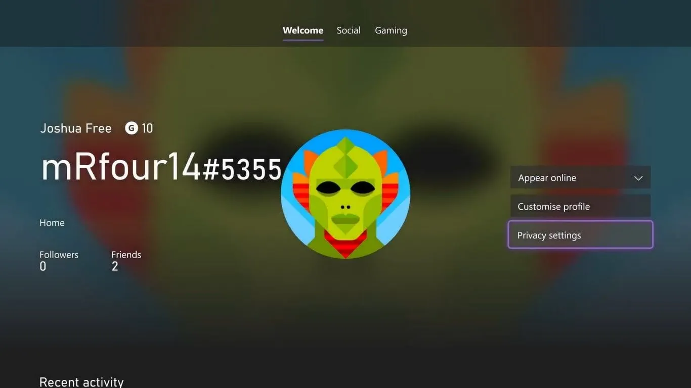 Màn hình chính của hồ sơ Xbox trên Xbox Series X, hiển thị các tùy chọn cài đặt tài khoản và quyền riêng tư