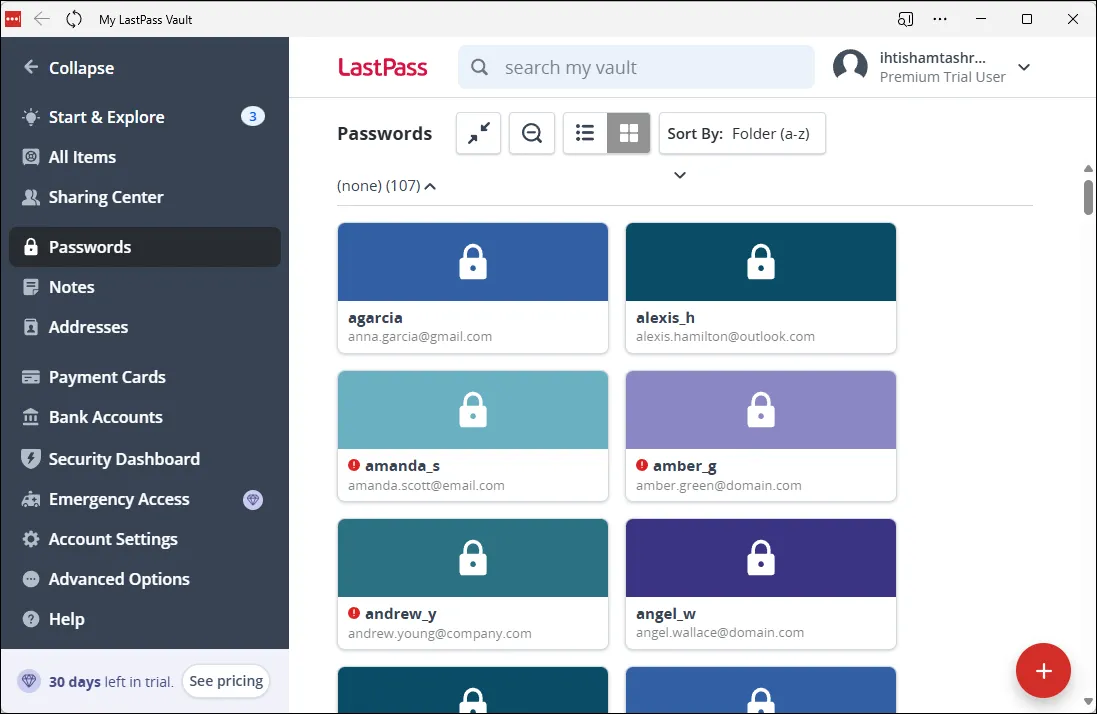 Màn hình chính của LastPass, hiển thị các tính năng nâng cao như tạo mật khẩu và cảnh báo bảo mật.