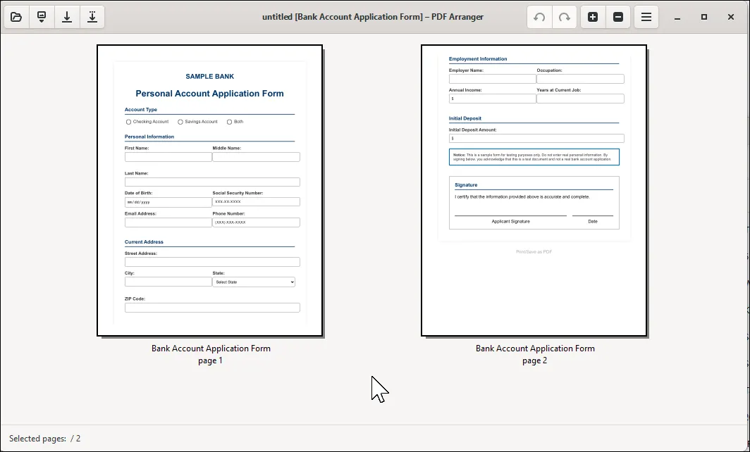 Màn hình chính của PDF Arranger hiển thị các trang PDF dưới dạng hình thu nhỏ để dễ dàng sắp xếp lại.