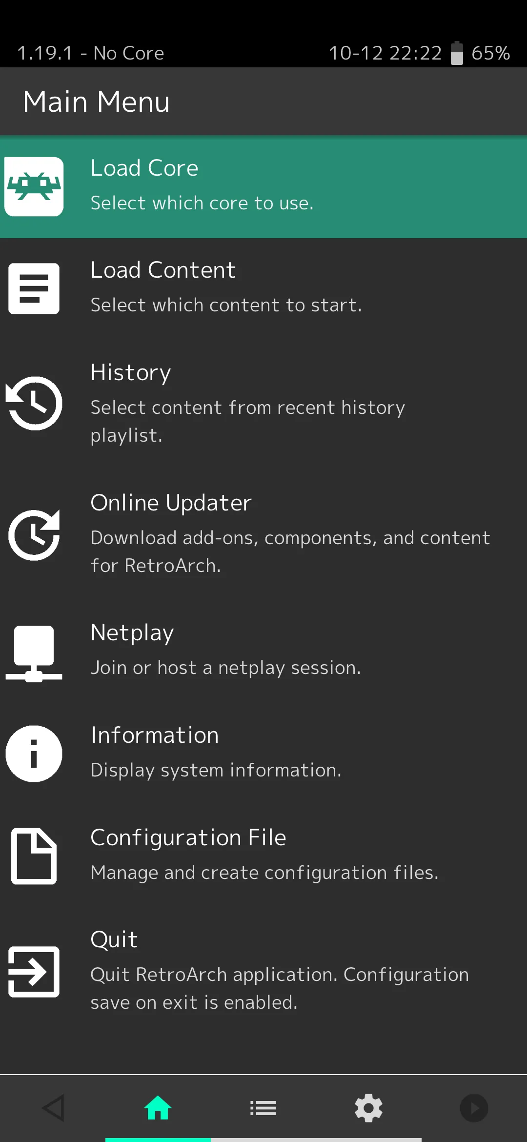 Màn hình chính của ứng dụng giả lập RetroArch trên Android, với các tùy chọn như Tải Core, Tải Nội dung.