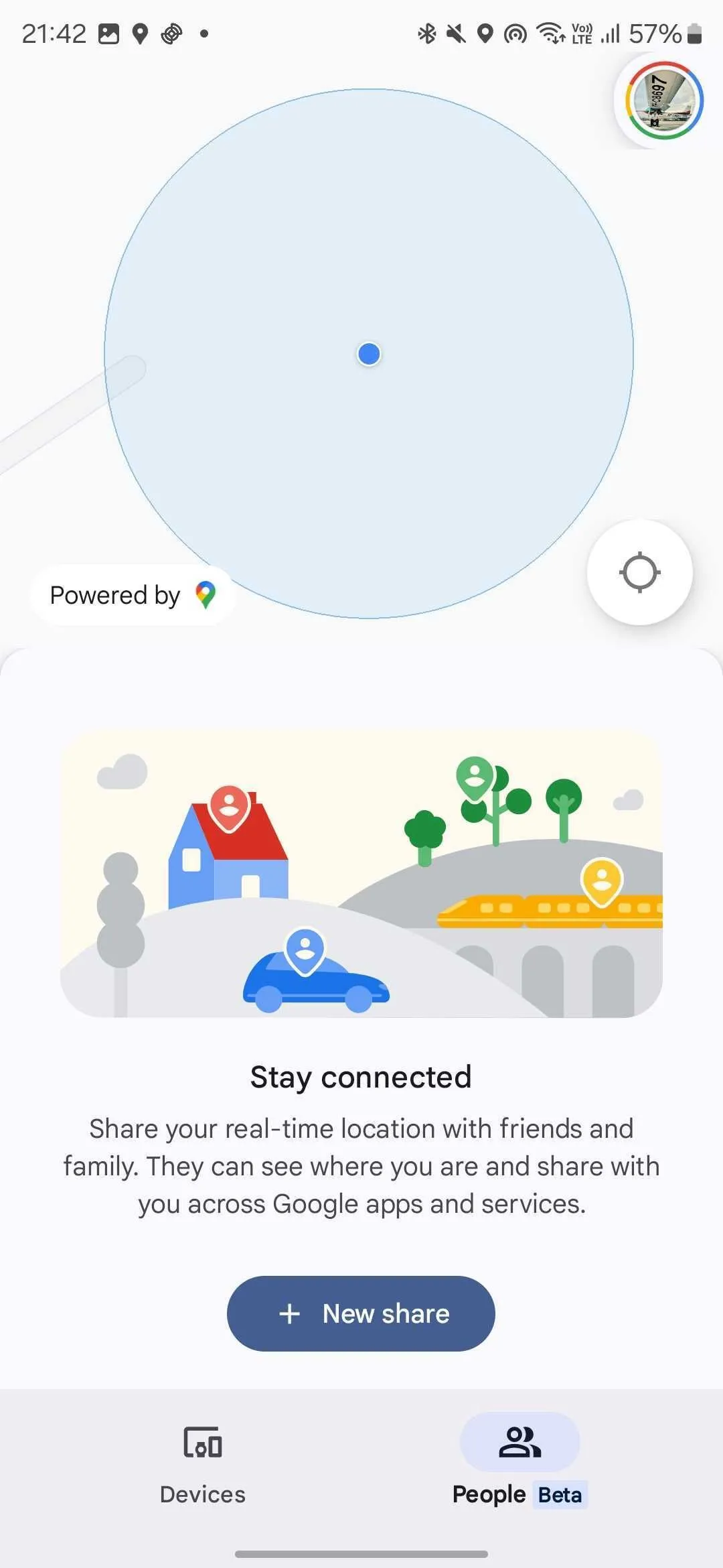 Màn hình chính của ứng dụng Google Find My Device với tab People (Beta) và tùy chọn chia sẻ mới