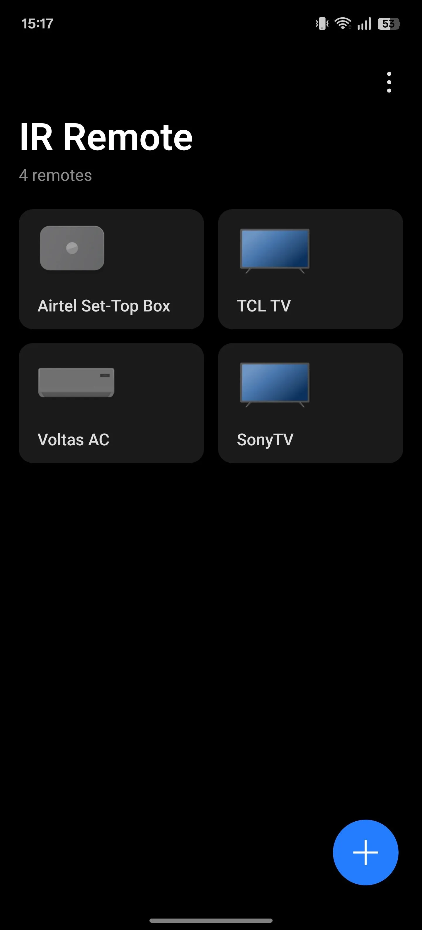 Màn hình chính của ứng dụng IR Remote trên điện thoại OnePlus, hiển thị các tùy chọn để thêm hoặc quản lý các điều khiển từ xa đã thiết lập cho cảm biến hồng ngoại.