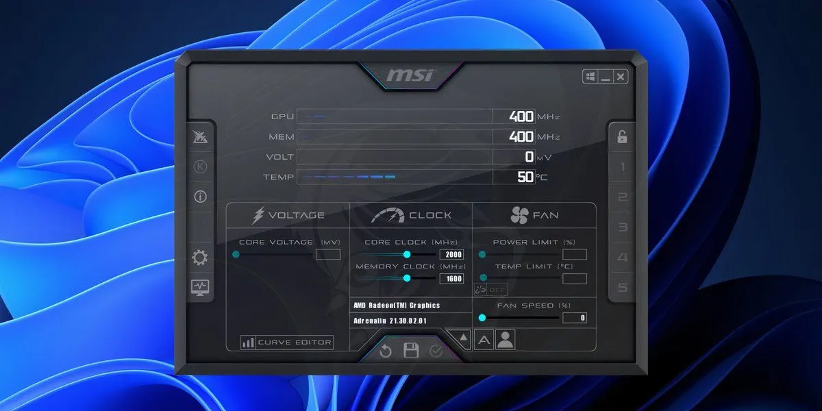 Màn hình chính MSI Afterburner trên Windows 11
