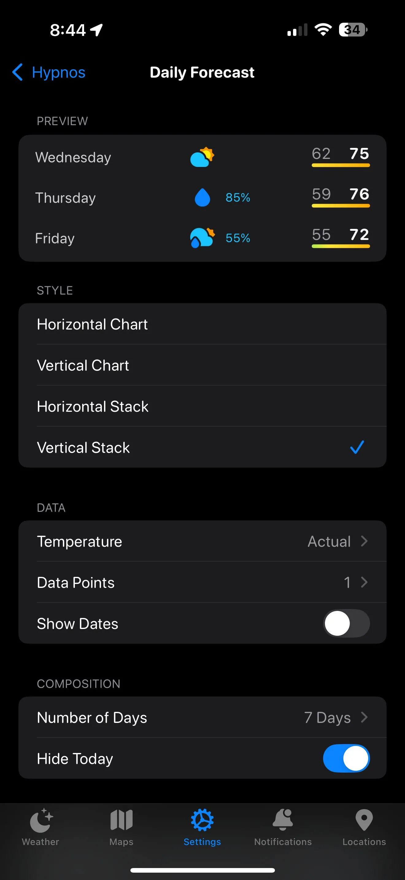 Màn hình chỉnh sửa bố cục Carrot Weather trên iPhone