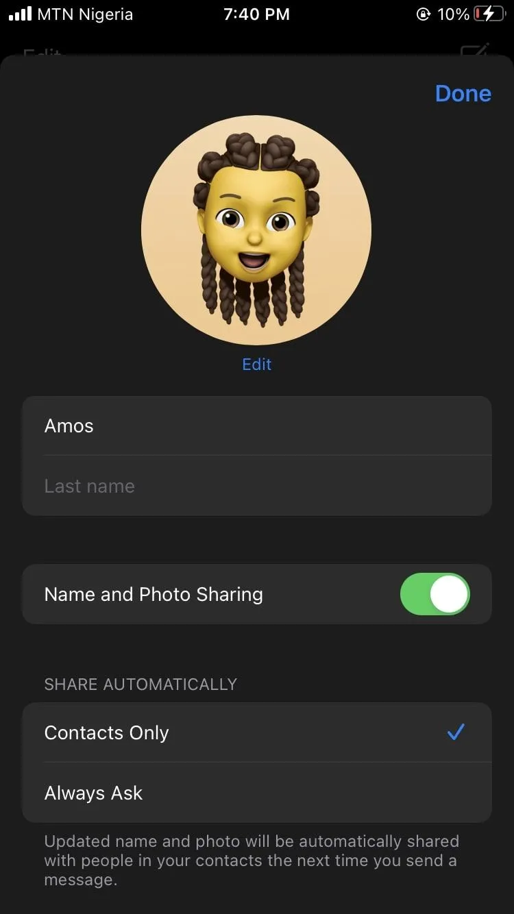 Màn hình chỉnh sửa chi tiết iMessage trên iPhone, nơi các tính năng theo dõi khuôn mặt bị hạn chế.
