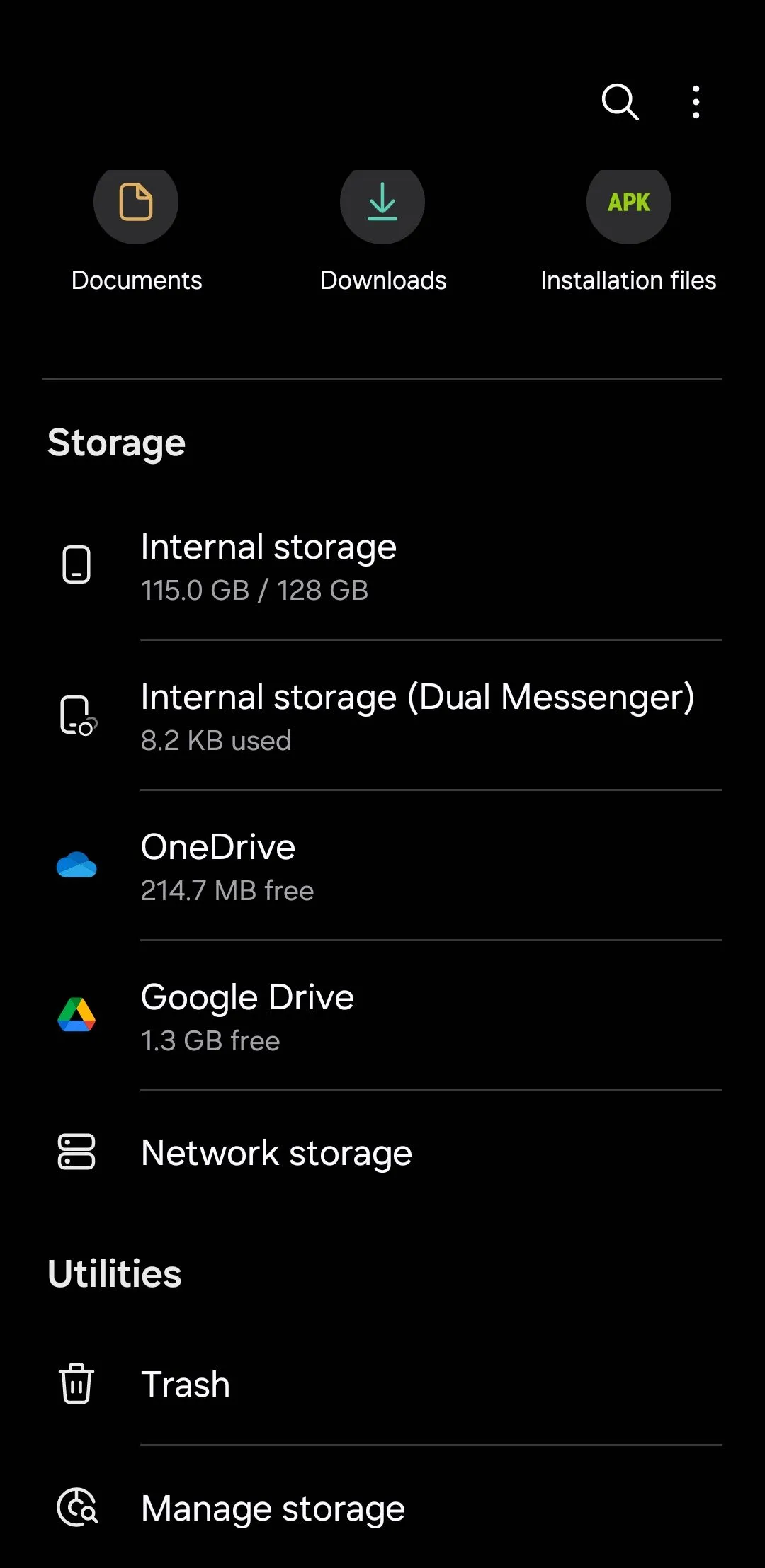 Màn hình chính ứng dụng Quản lý tệp Samsung (Samsung Files)