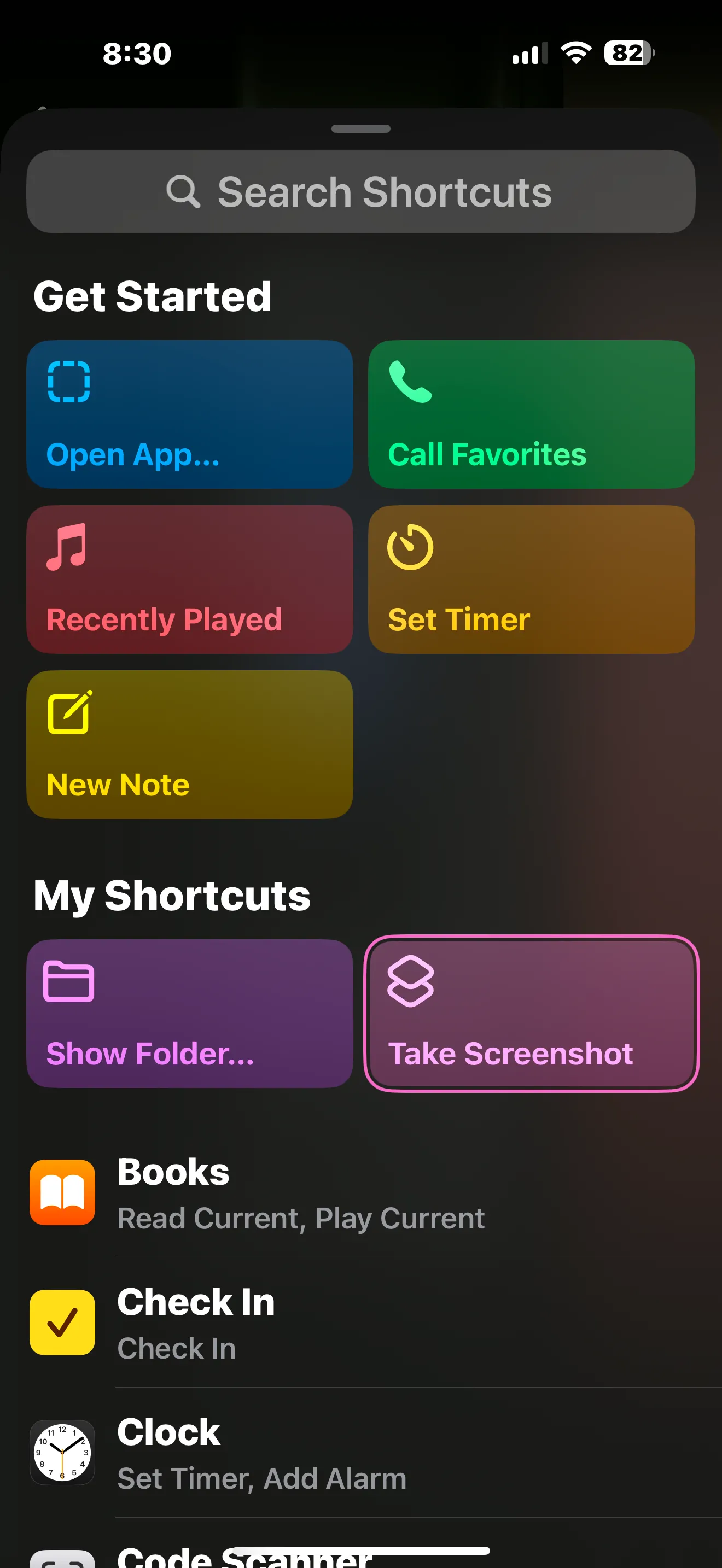 Màn hình chọn phím tắt với lựa chọn &quot;Take Screenshot&quot; để gán vào Nút Tác vụ iPhone 15 Pro