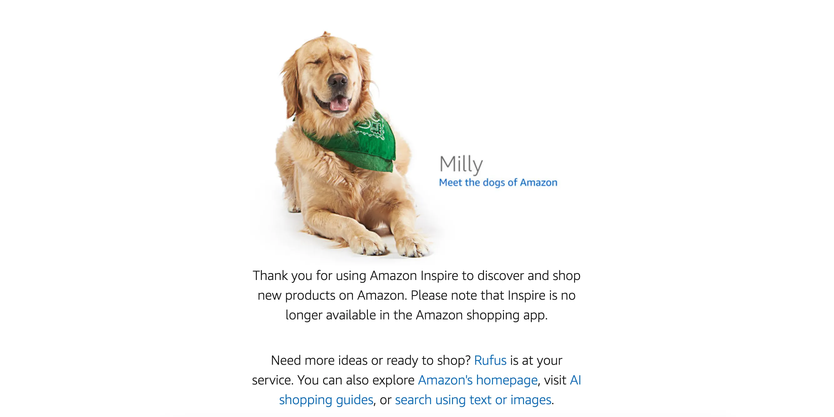 Màn hình chuyển hướng của Amazon hiển thị thông báo ngừng hoạt động của Inspire, với hình ảnh chú chó Milly thân thiện.