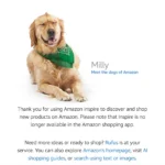 Màn hình chuyển hướng của Amazon Inspire với hình ảnh chú chó Milly thông báo nền tảng không còn hoạt động.