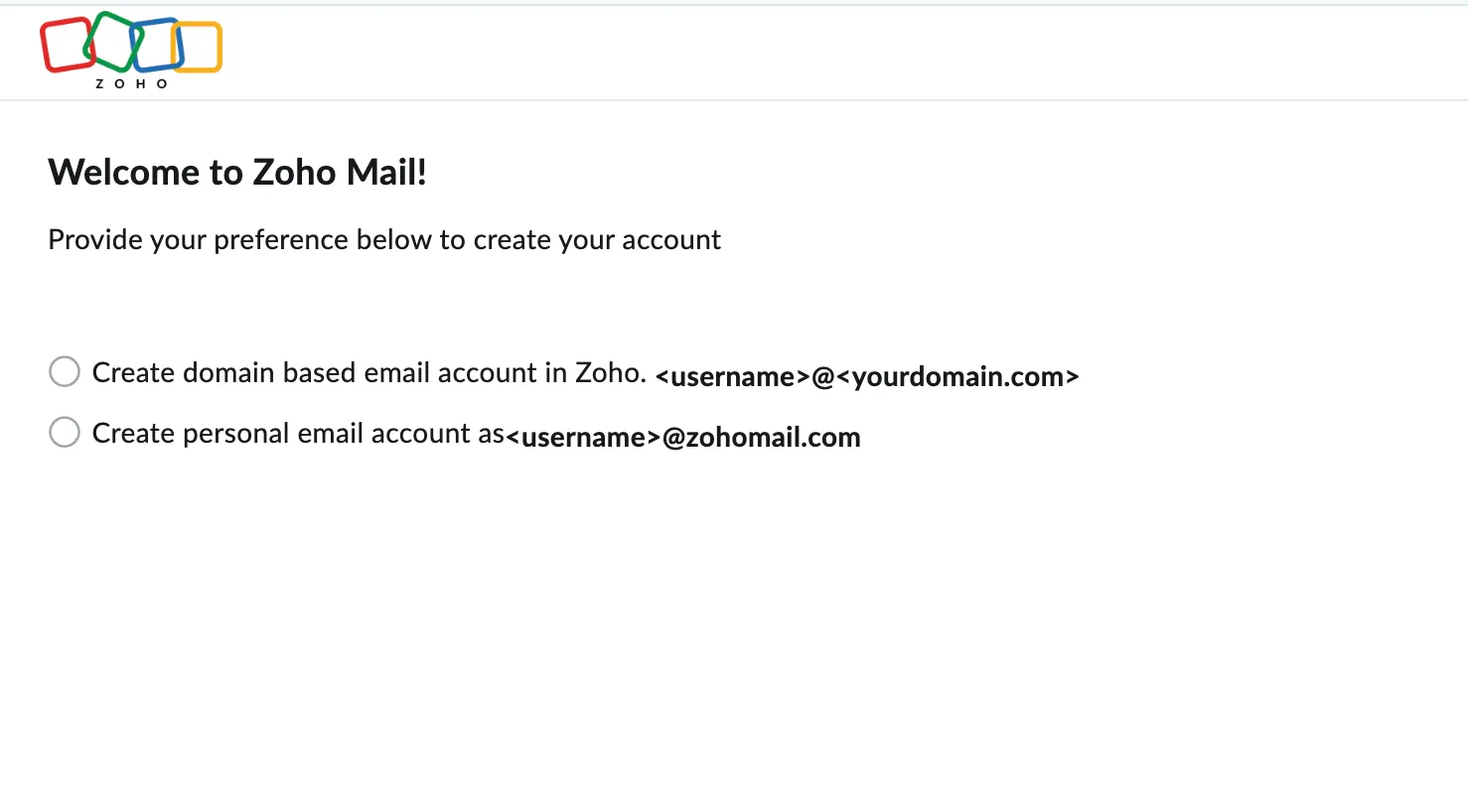 Màn hình đăng ký tài khoản Zoho Mail với các trường thông tin cơ bản