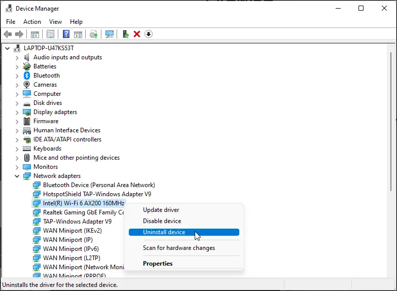 Màn hình Device Manager trên Windows 11 hiển thị tùy chọn &quot;Uninstall device&quot; để gỡ cài đặt driver Wi-Fi.