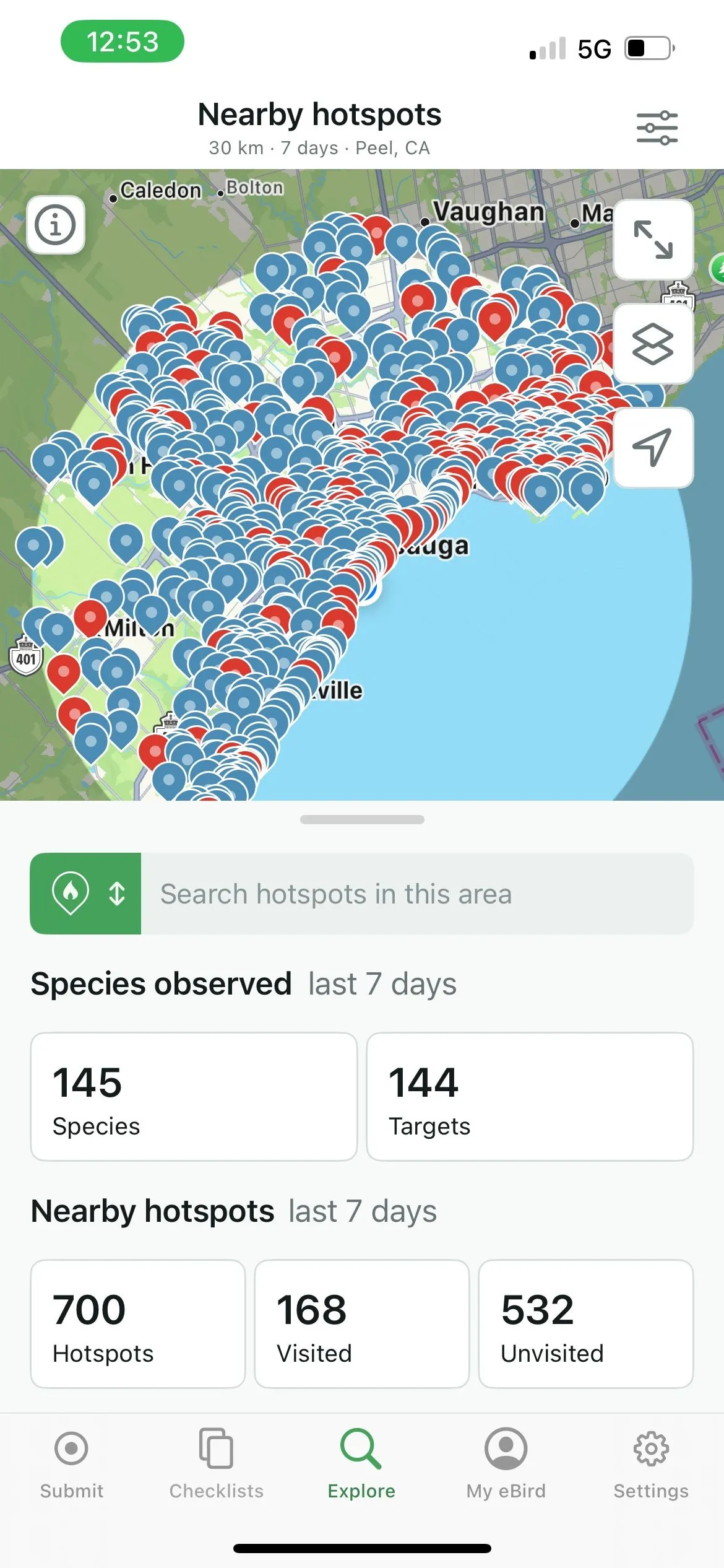 Màn hình eBird hiển thị danh sách các loài chim được người dùng ghi nhận, với tùy chọn thêm quan sát mới.