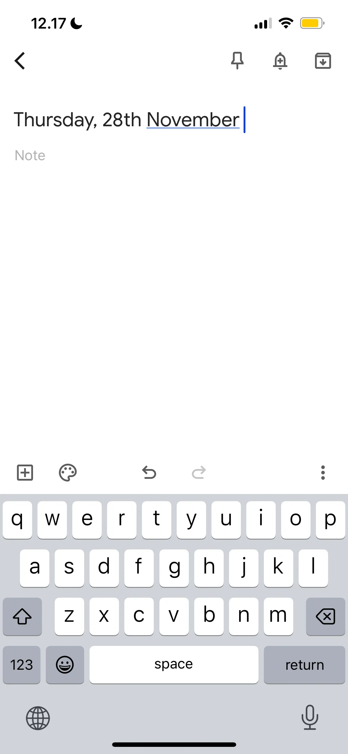 Màn hình ghi nhật ký mới trong ứng dụng Google Keep, cho phép người dùng nhập văn bản và sắp xếp ý tưởng.