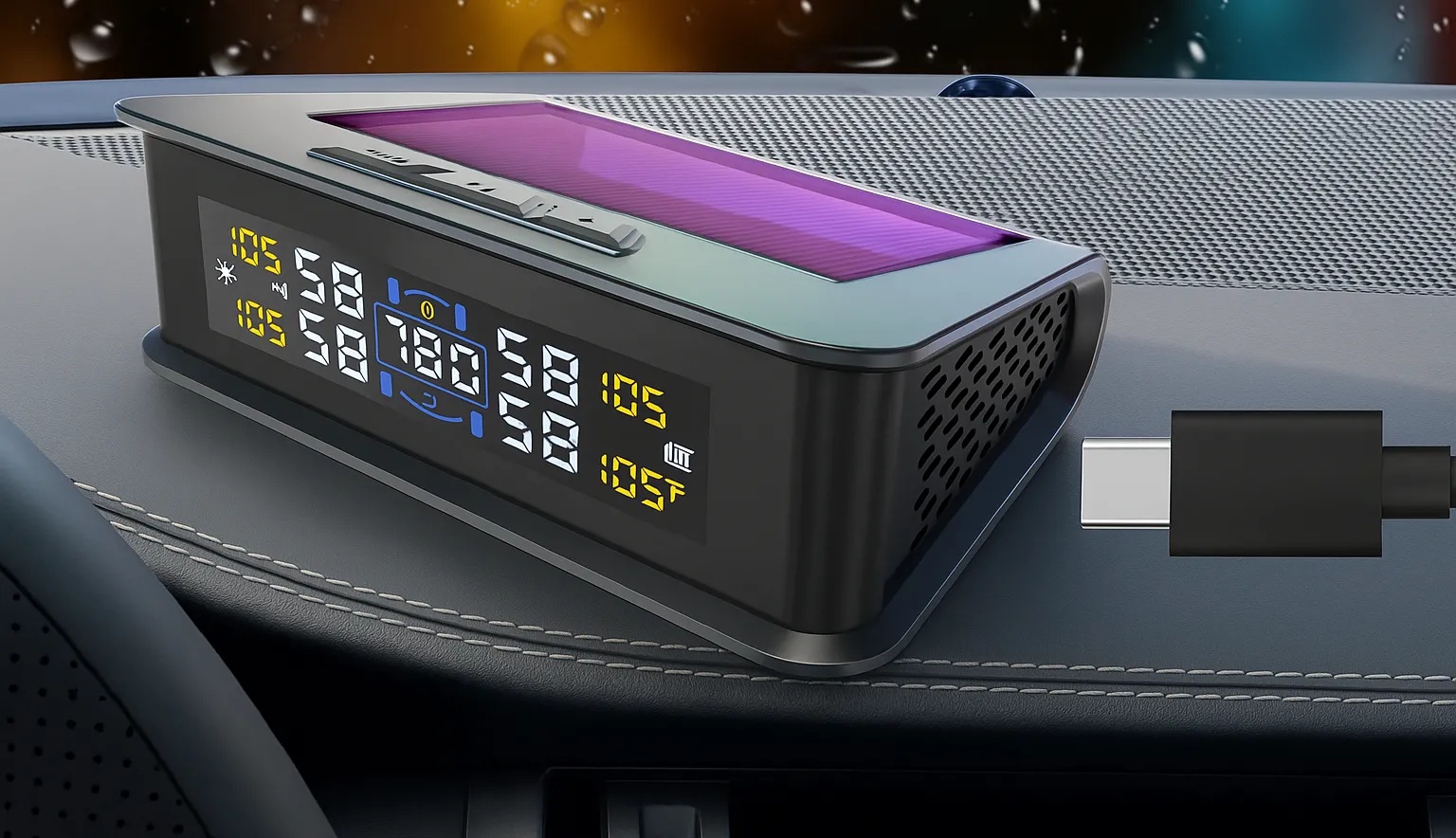 Màn hình hiển thị áp suất lốp kỹ thuật số Zradnox trong xe hơi, kết nối qua cáp USB.