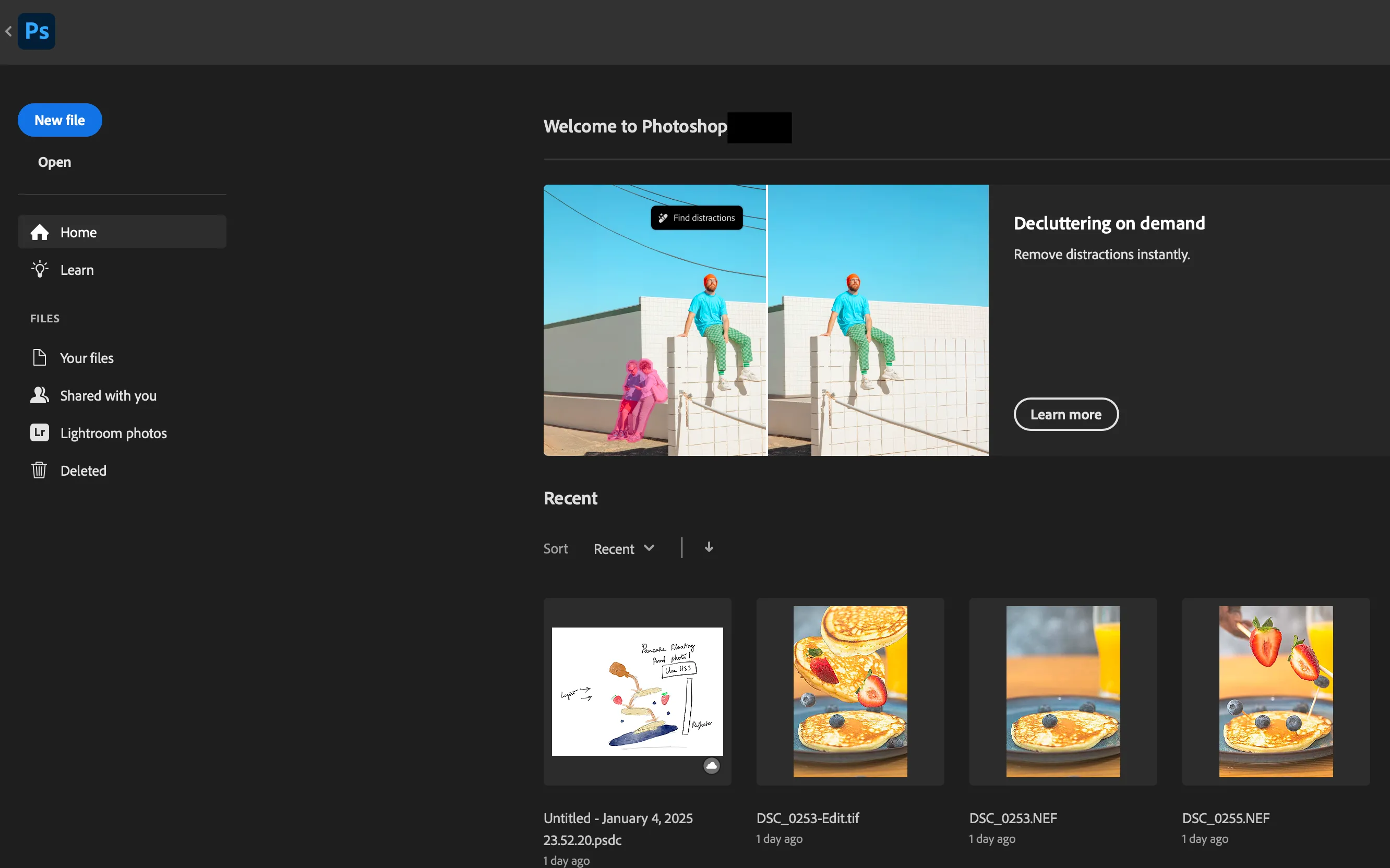 Màn hình khởi động Adobe Photoshop hiển thị các dự án gần đây và tùy chọn tạo mới, cho thấy khả năng xử lý đồ họa chuyên nghiệp.