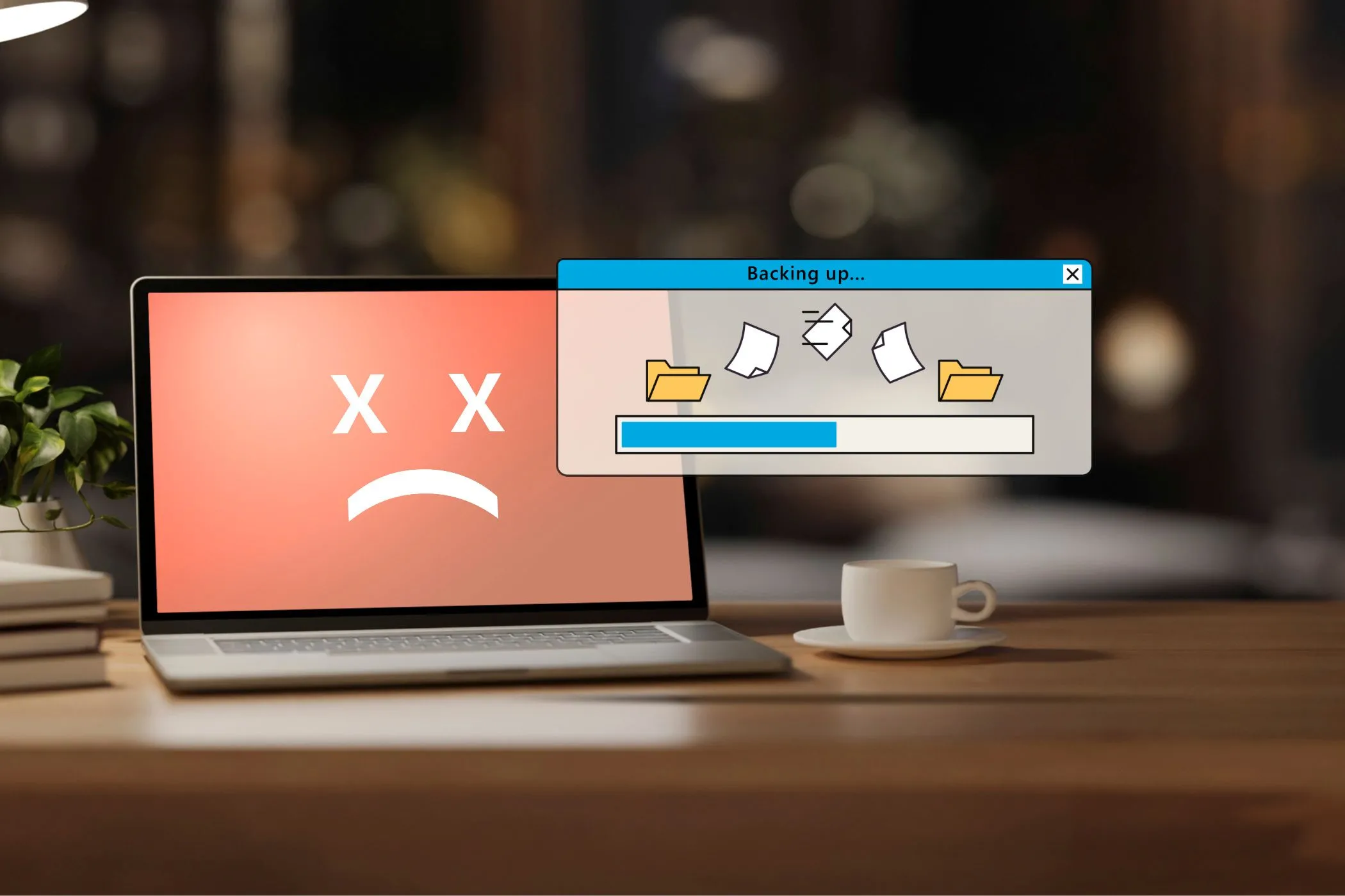 Màn hình laptop đã tắt với cửa sổ sao lưu dữ liệu đang hiển thị
