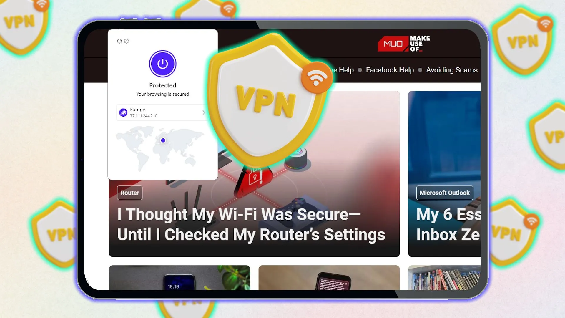 Màn hình máy tính bảng hiển thị giao diện trình duyệt với tính năng VPN tích hợp