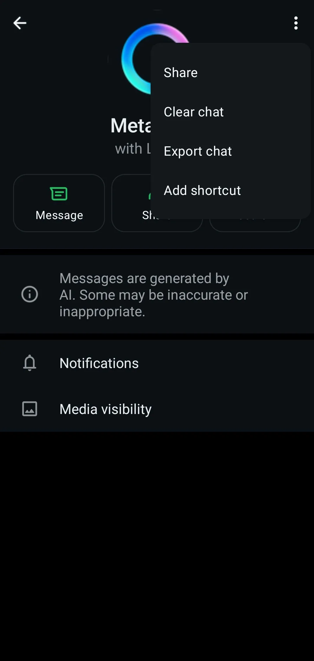 Màn hình menu cài đặt của WhatsApp, nơi người dùng có thể tìm kiếm tùy chọn tắt Meta AI nhưng không có.