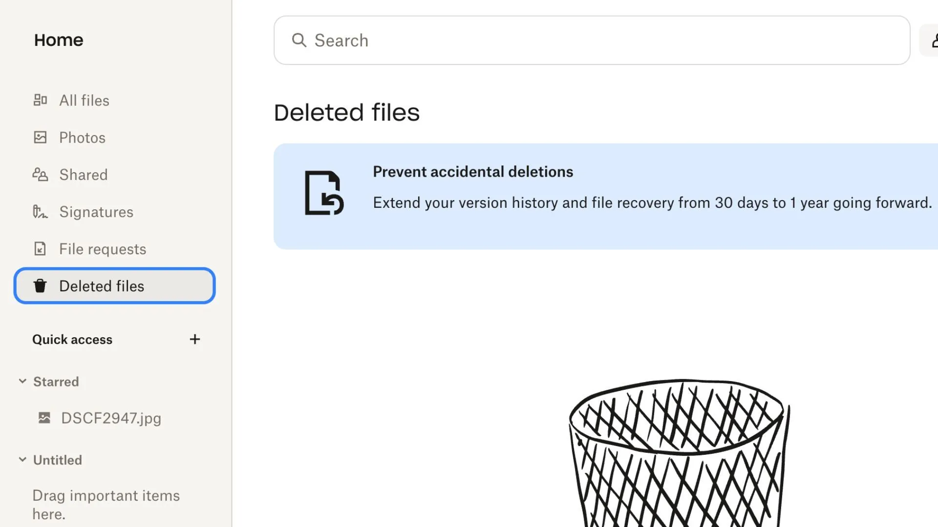 Màn hình mục tệp đã xóa trong Dropbox, hiển thị khả năng khôi phục dữ liệu đã bị xóa.