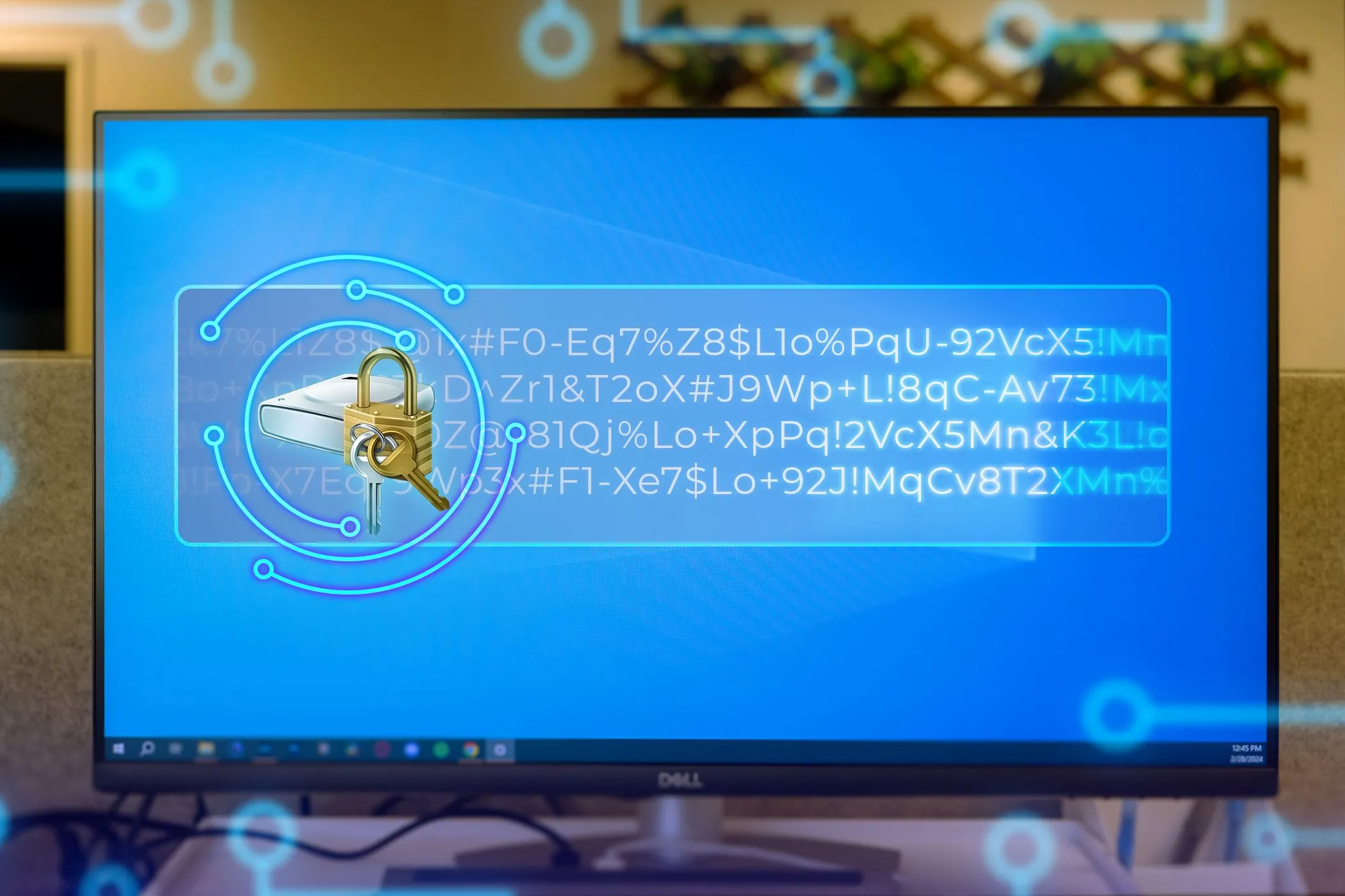Màn hình PC hiển thị Windows 11 với biểu tượng BitLocker ở trung tâm và các dòng mã