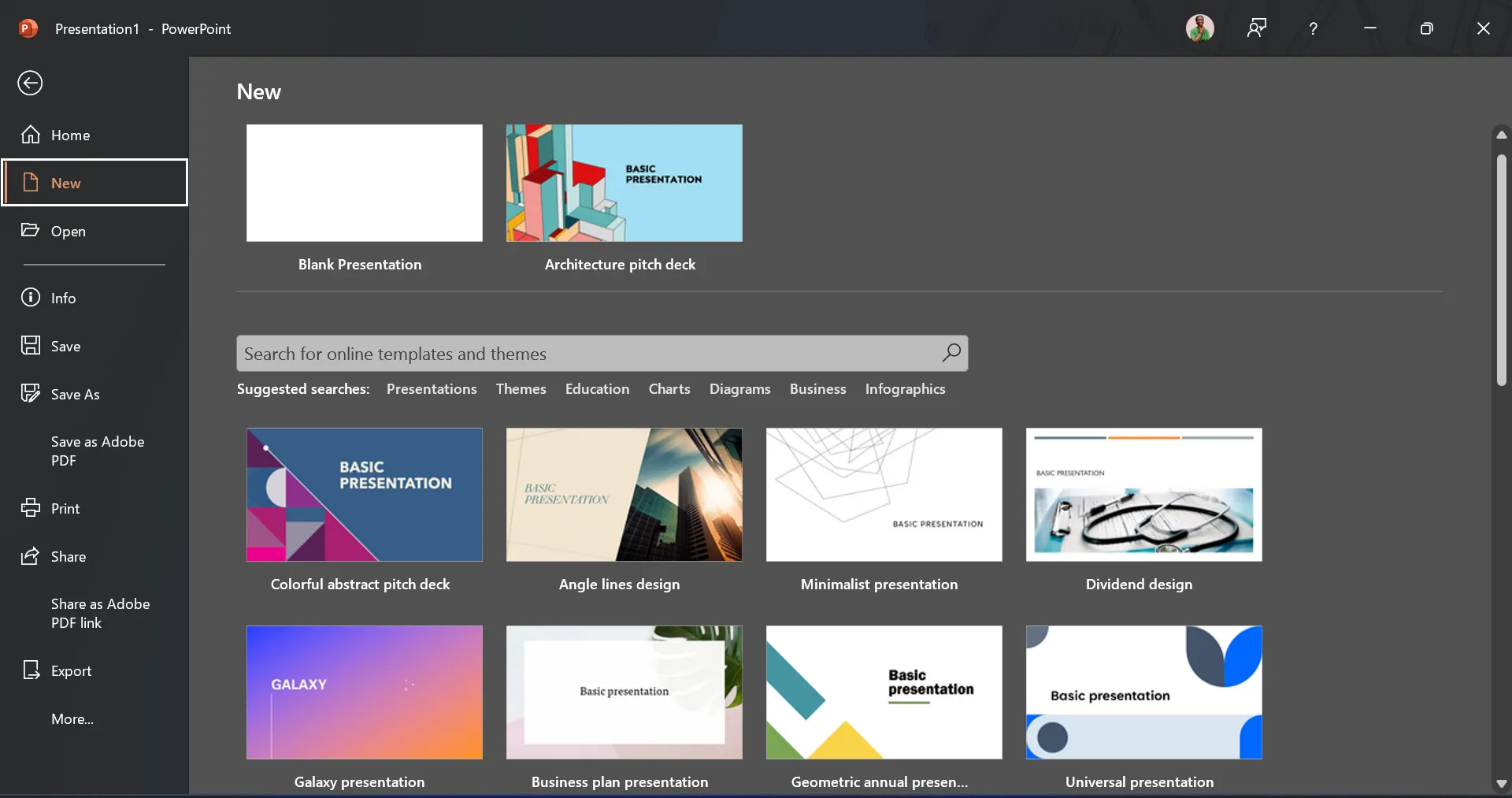 Màn hình PowerPoint trên máy tính hiển thị hàng trăm mẫu thuyết trình sẵn có, gây khó khăn khi lựa chọn.