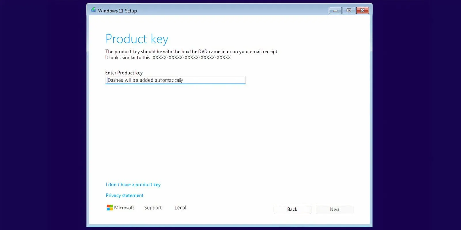 Màn hình 'Product key' trong quá trình cài đặt Windows 11, hiển thị tùy chọn 'I don't have a product key' để bỏ qua.