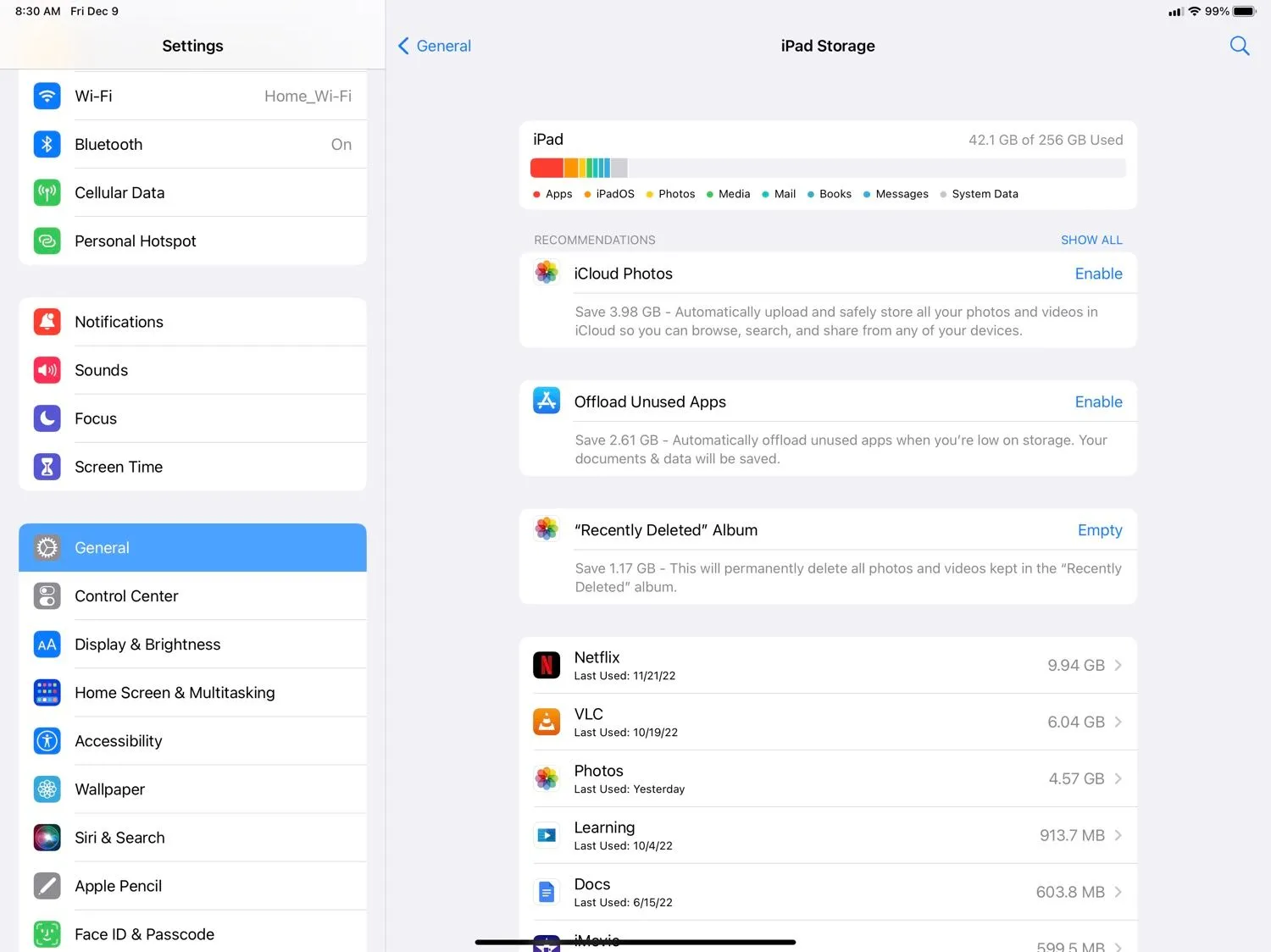 Màn hình quản lý bộ nhớ trên iPad hiển thị chi tiết dung lượng lưu trữ đang được sử dụng và còn trống.