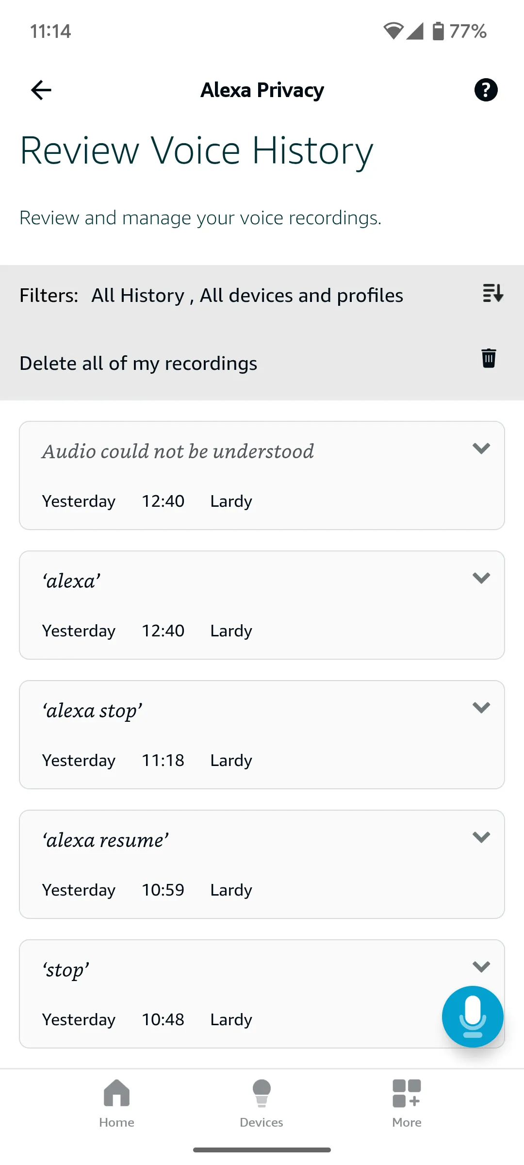 Màn hình quản lý lịch sử giọng nói trên ứng dụng Alexa, cho phép xem và xóa các bản ghi âm