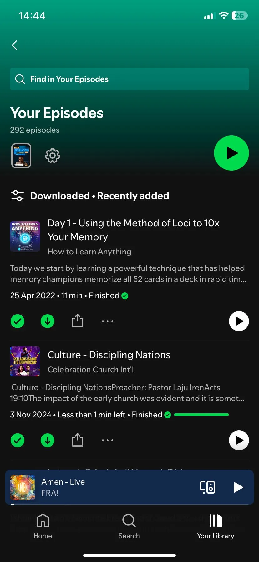 Màn hình quản lý podcast đã tải xuống trong ứng dụng Spotify