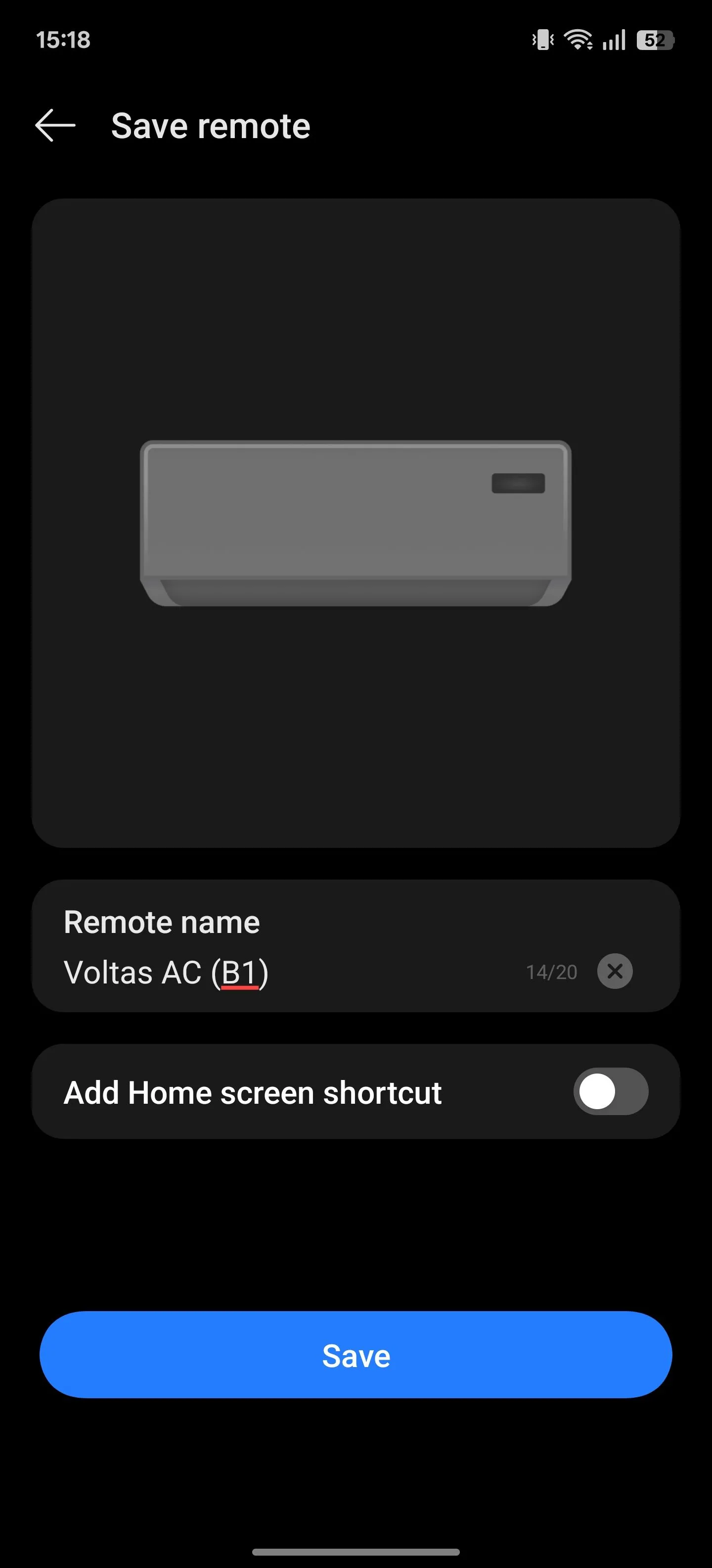 Màn hình &quot;Save remote&quot; trong ứng dụng IR Remote trên OnePlus, cho phép người dùng đặt tên mô tả cho bộ điều khiển và tạo lối tắt nhanh ra màn hình chính sau khi thiết lập thành công.