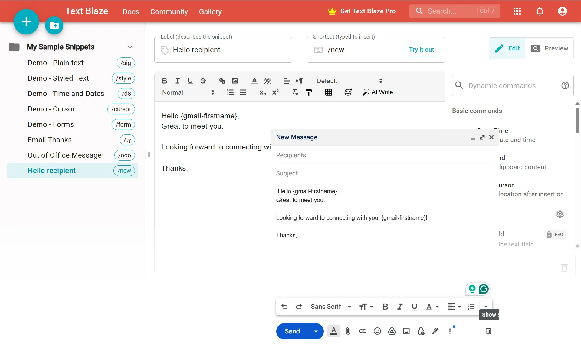 Màn hình tạo snippet động (Dynamic Snippet) trong Text Blaze, hiển thị các tùy chọn như chèn ngày, thời gian, trường nhập liệu tùy chỉnh và các công thức.