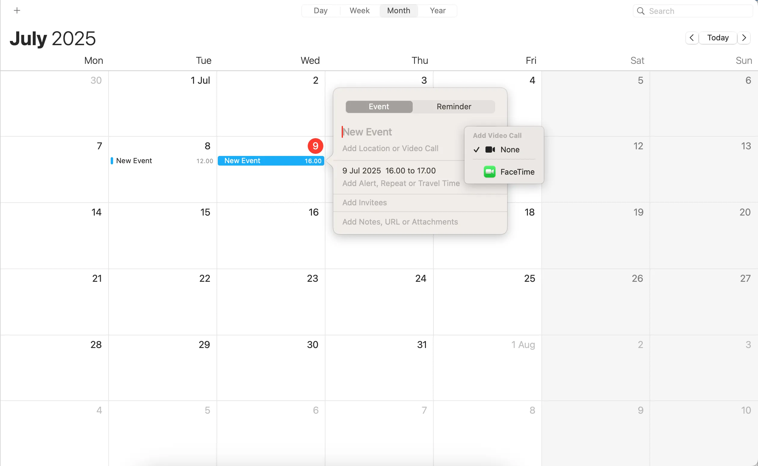 Màn hình tạo sự kiện trong Lịch Apple (Apple Calendar) với tùy chọn tích hợp cuộc gọi FaceTime, cho thấy khả năng kết nối liền mạch trong hệ sinh thái Apple.