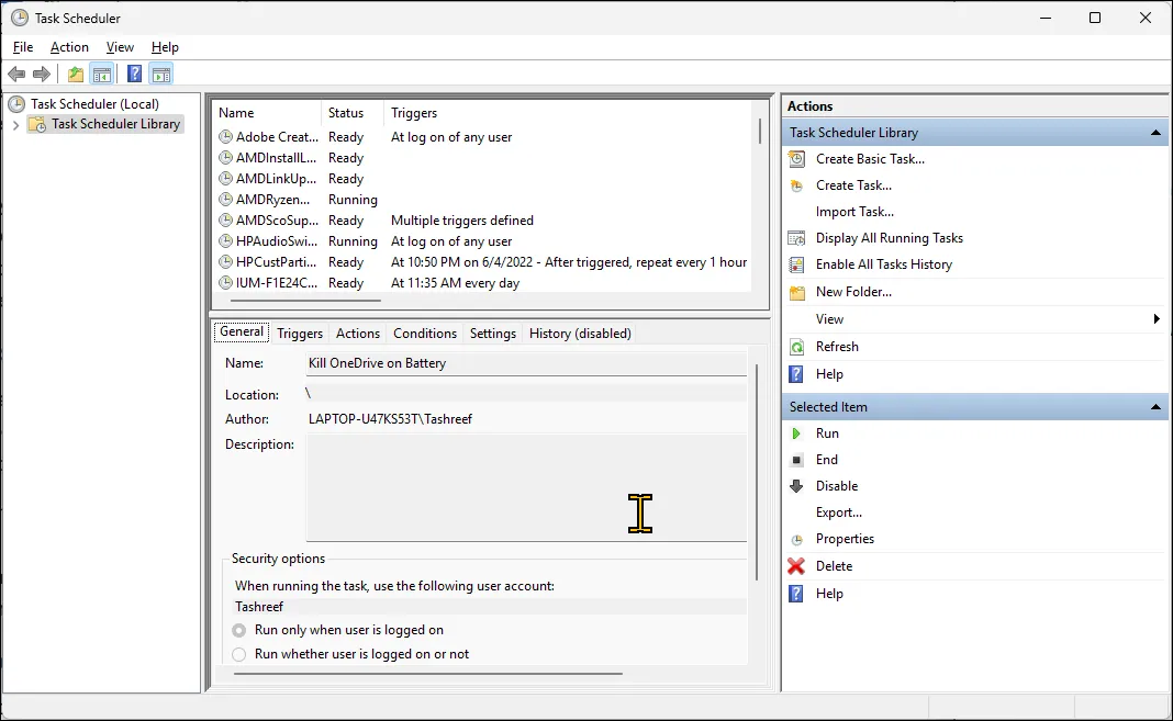 Màn hình tạo tác vụ mới trong Task Scheduler trên Windows 11, hiển thị các tùy chọn thiết lập nhiệm vụ tự động.