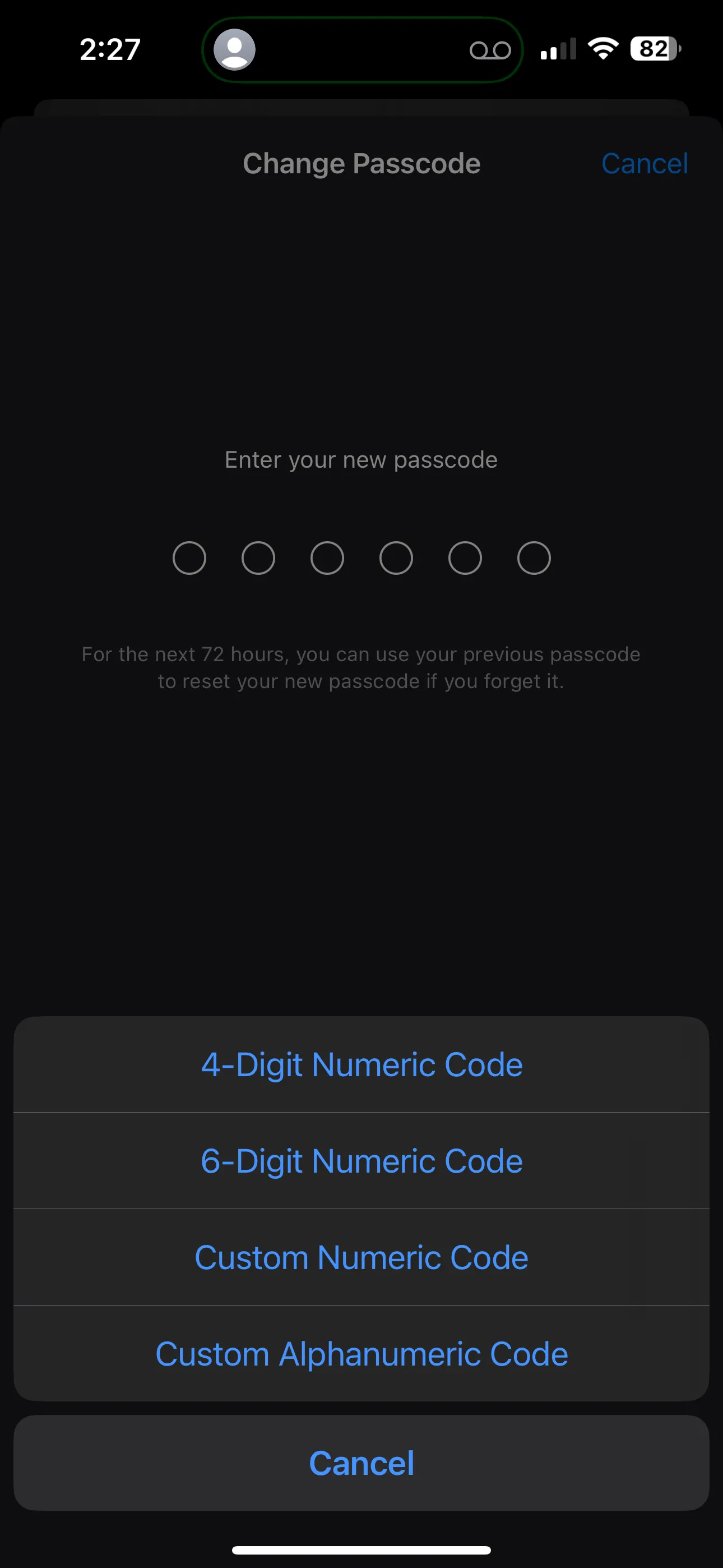 Màn hình thay đổi mật mã trong cài đặt iPhone