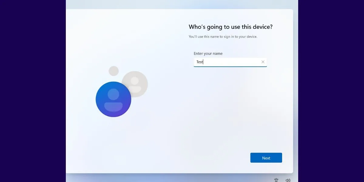 Màn hình thiết lập tài khoản người dùng trong quá trình OOBE của Windows 11, cho phép tạo tài khoản cục bộ.