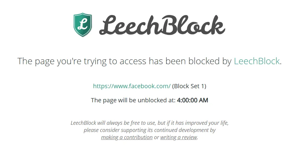 Màn hình thông báo khi LeechBlock NG chặn truy cập trang web trên Chrome