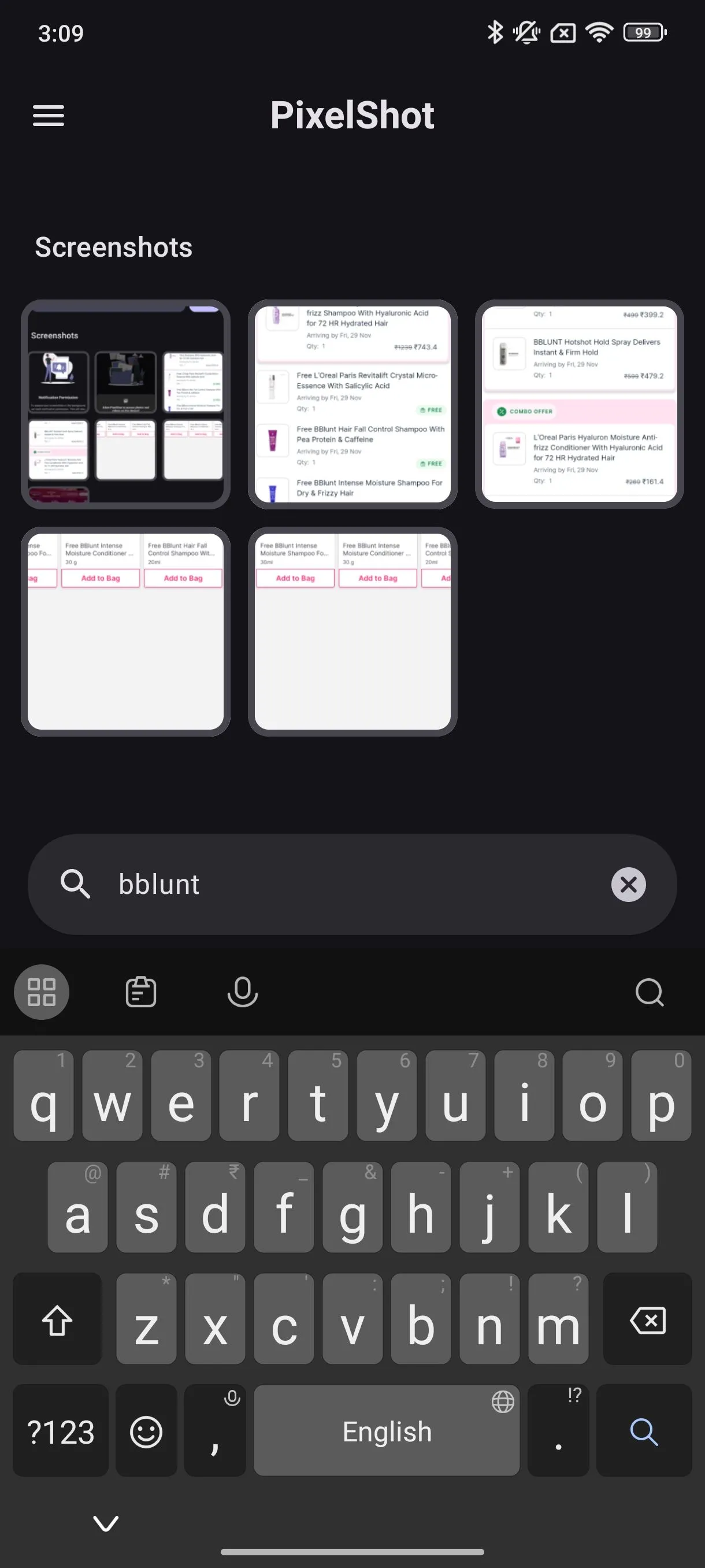Màn hình tìm kiếm của PixelShot với kết quả cho từ khóa Bblunt