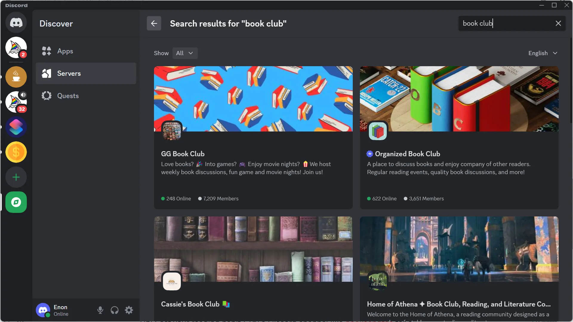 Màn hình tìm kiếm Discord cho câu lạc bộ sách trực tuyến