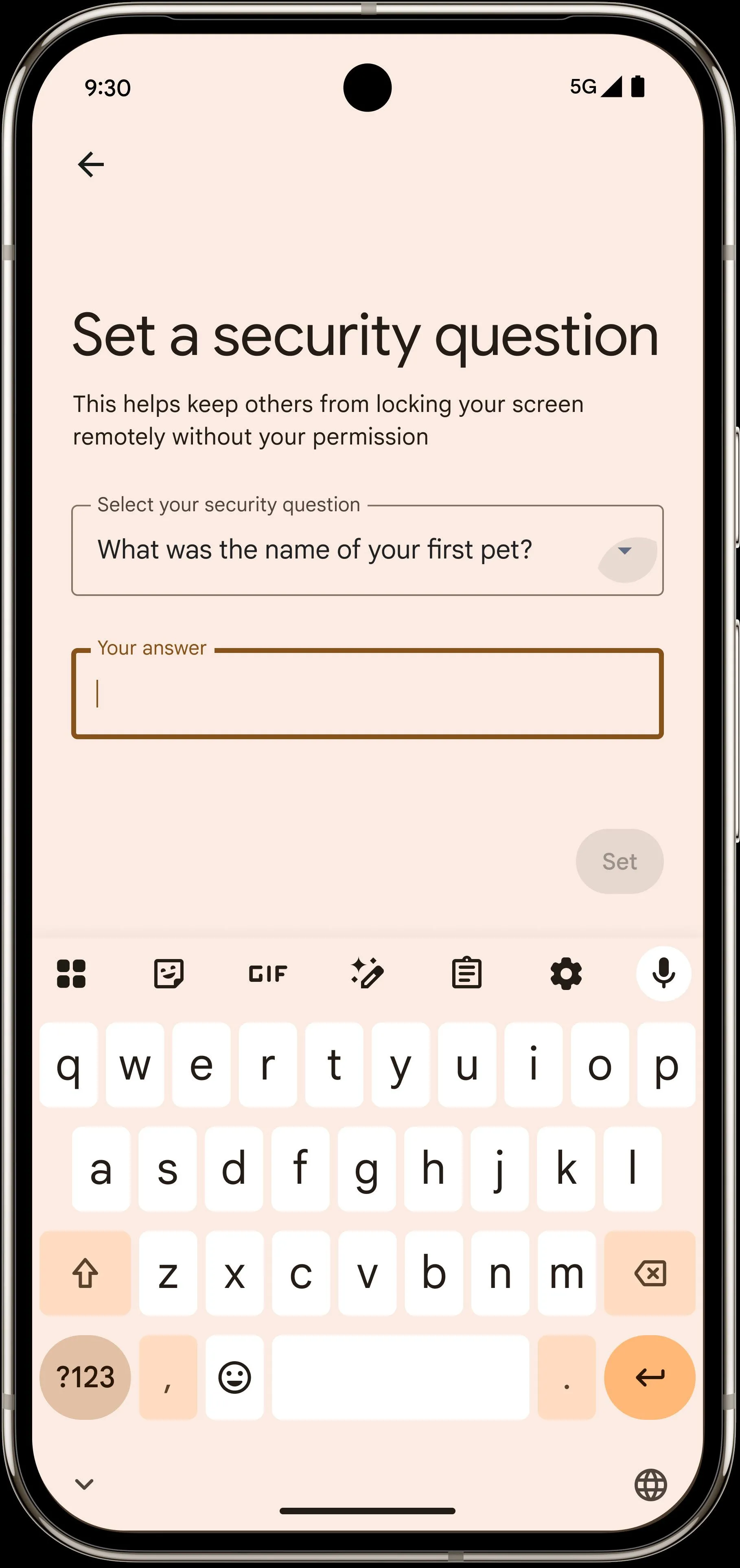 Màn hình tính năng khóa từ xa mới của Android với tùy chọn câu hỏi bảo mật để ngăn chặn truy cập trái phép.