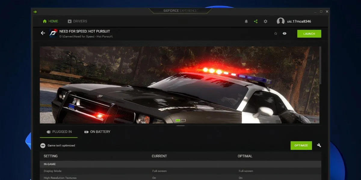 Màn hình tối ưu game trong ứng dụng Nvidia GeForce Experience trên Windows 11