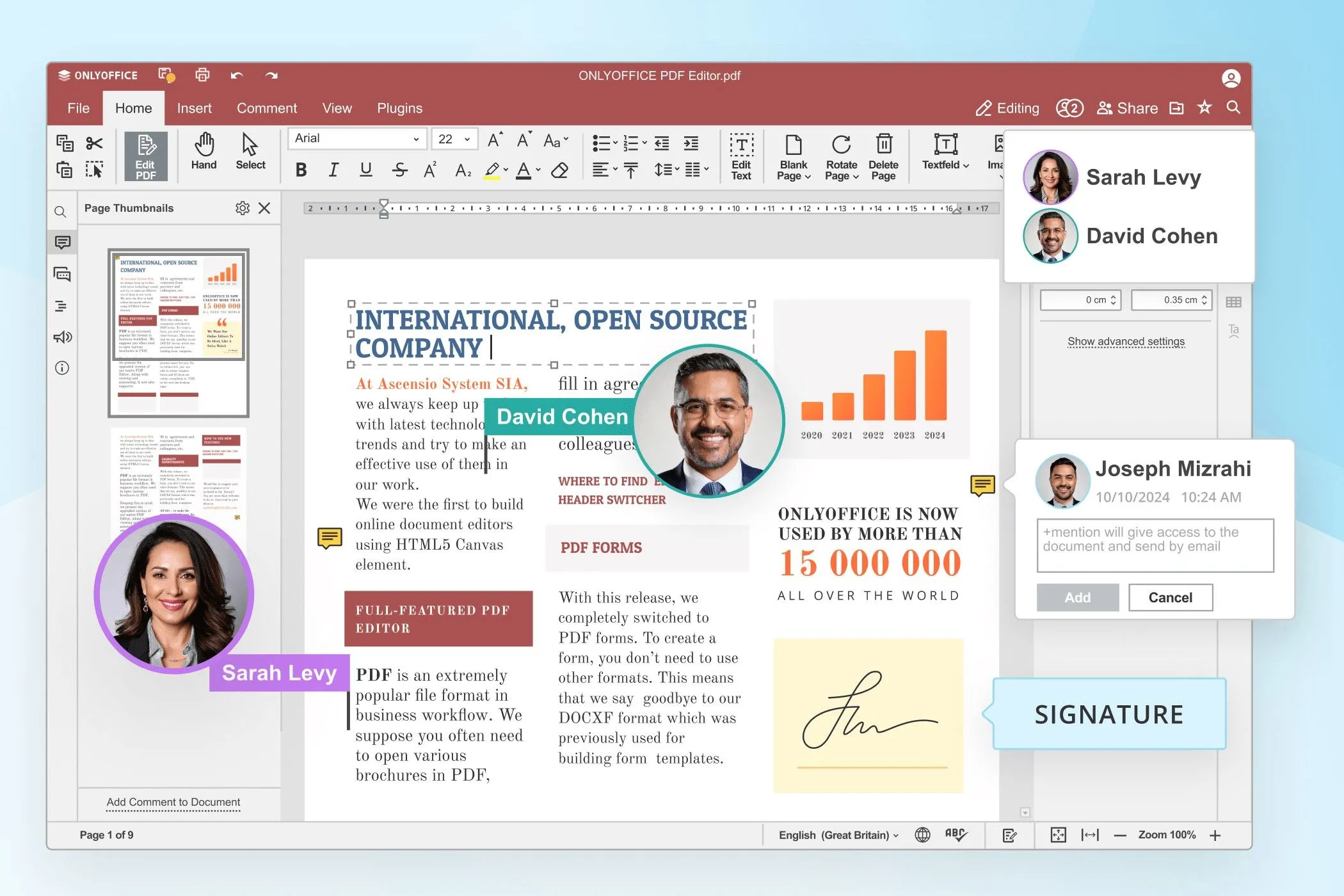 Màn hình trình chỉnh sửa PDF trong OnlyOffice, cho thấy giao diện quen thuộc tương tự Microsoft Office.