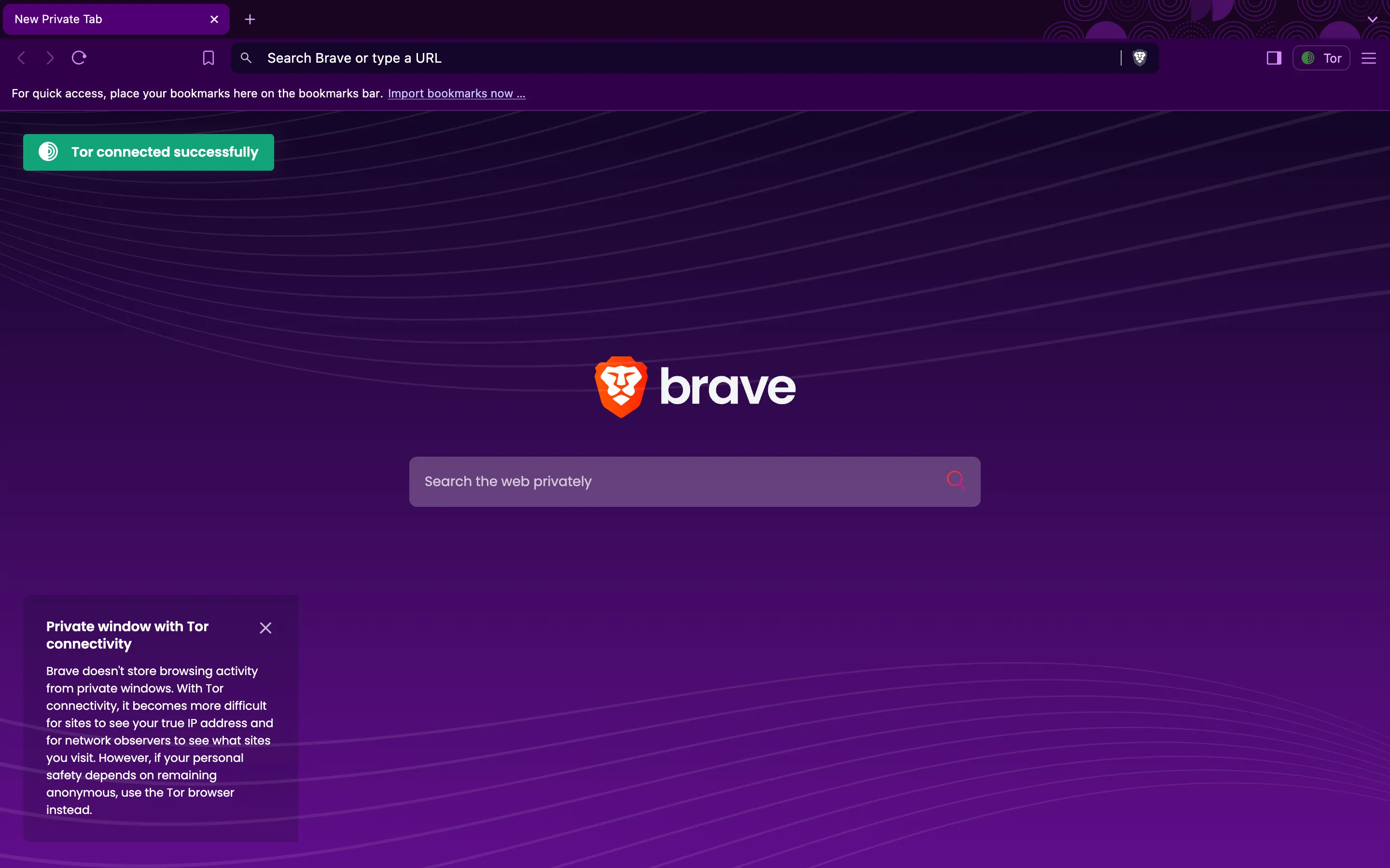 Màn hình trình duyệt Brave ở chế độ duyệt riêng tư với tích hợp Tor