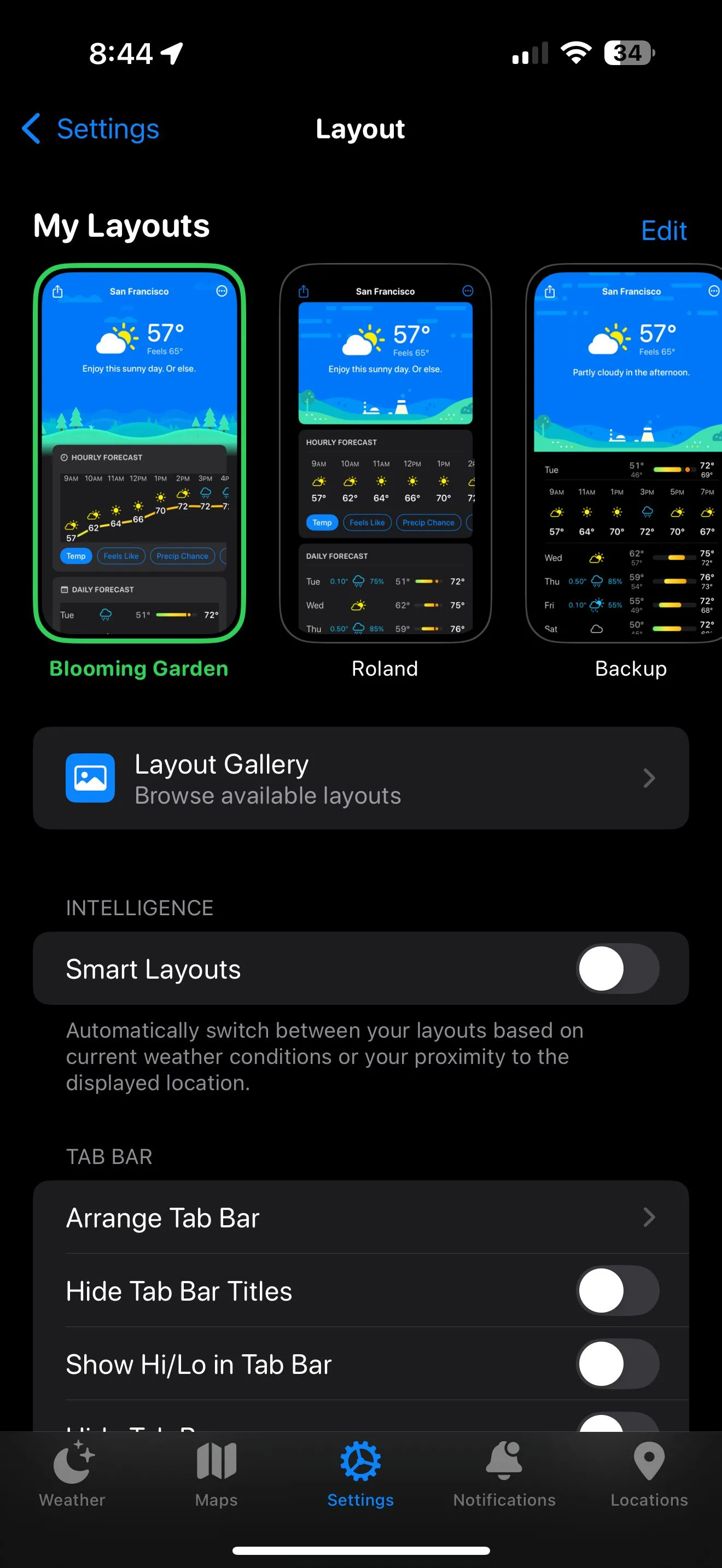 Màn hình tùy chỉnh bố cục Carrot Weather trên iPhone