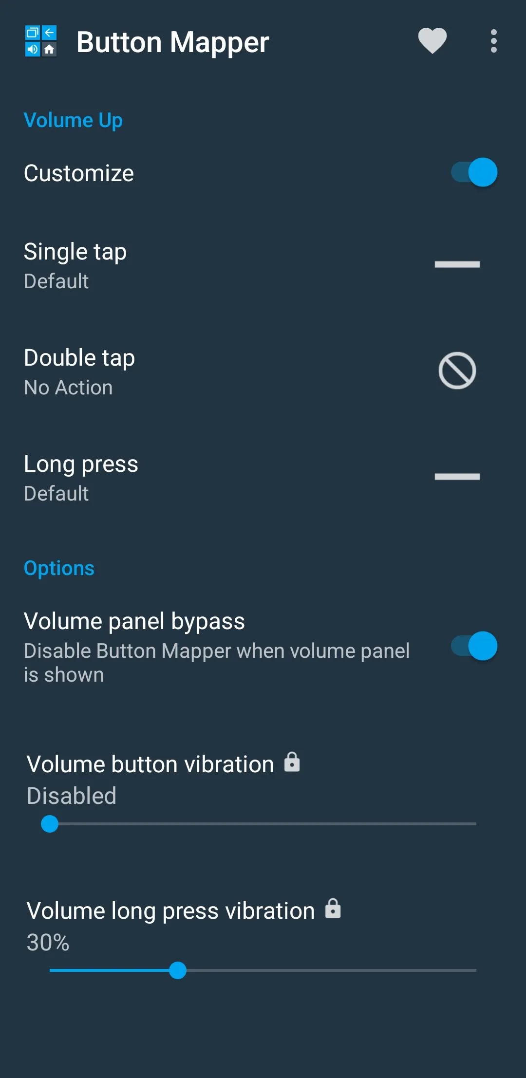 Màn hình tùy chỉnh chức năng nút trong ứng dụng Button Mapper trên Android, cho phép gán các hành động khác nhau cho nút vật lý.