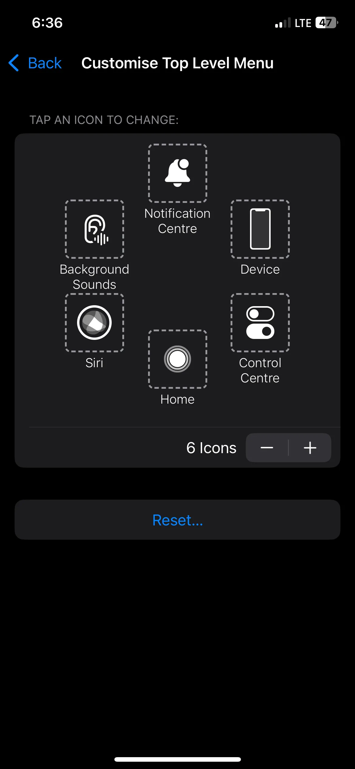 Màn hình tùy chỉnh menu cấp cao nhất của AssistiveTouch trên iPhone