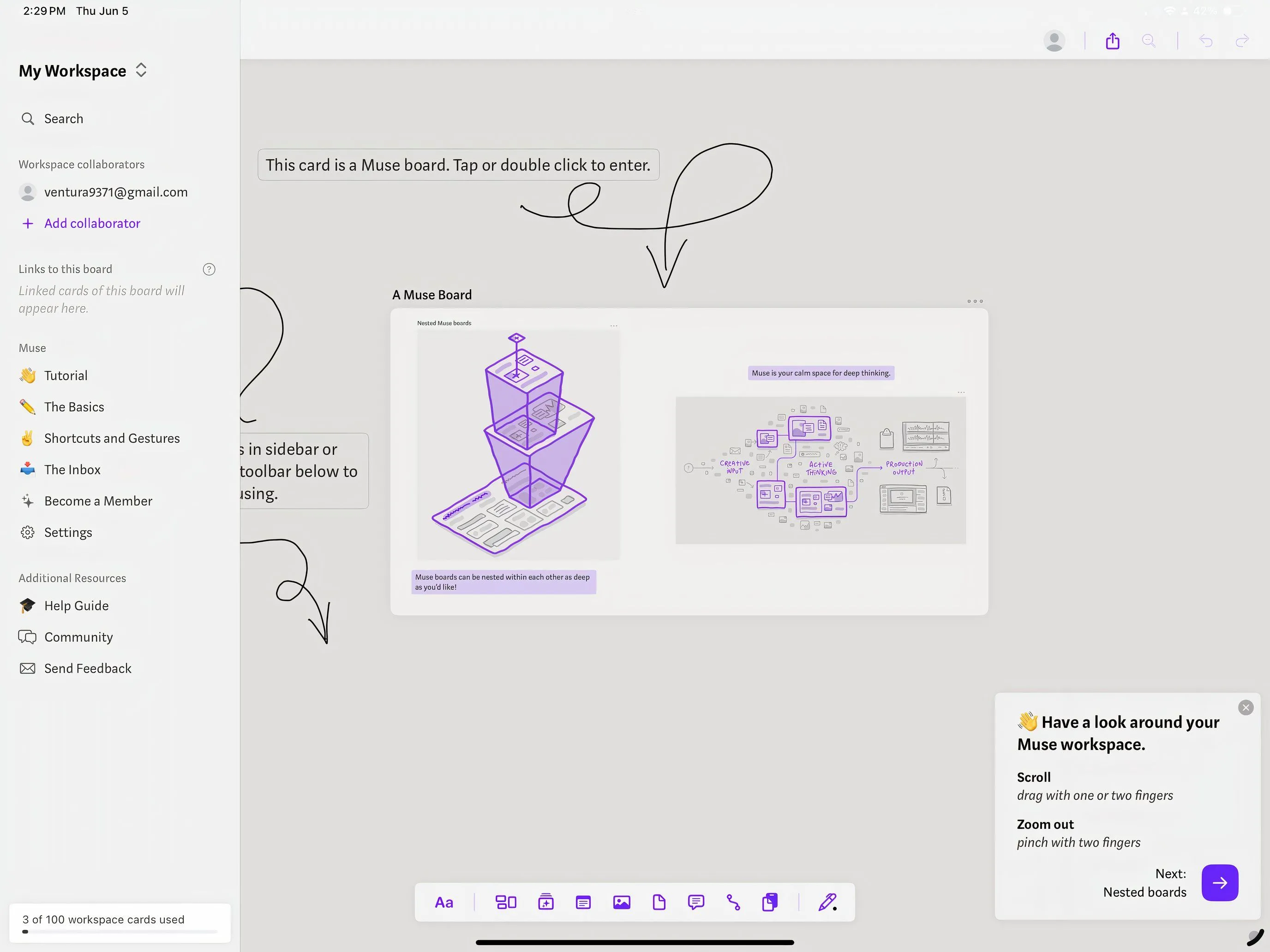 Màn hình ứng dụng Muse trên iPad, thể hiện không gian làm việc dạng bảng trắng kỹ thuật số với nhiều hình ảnh và ghi chú.
