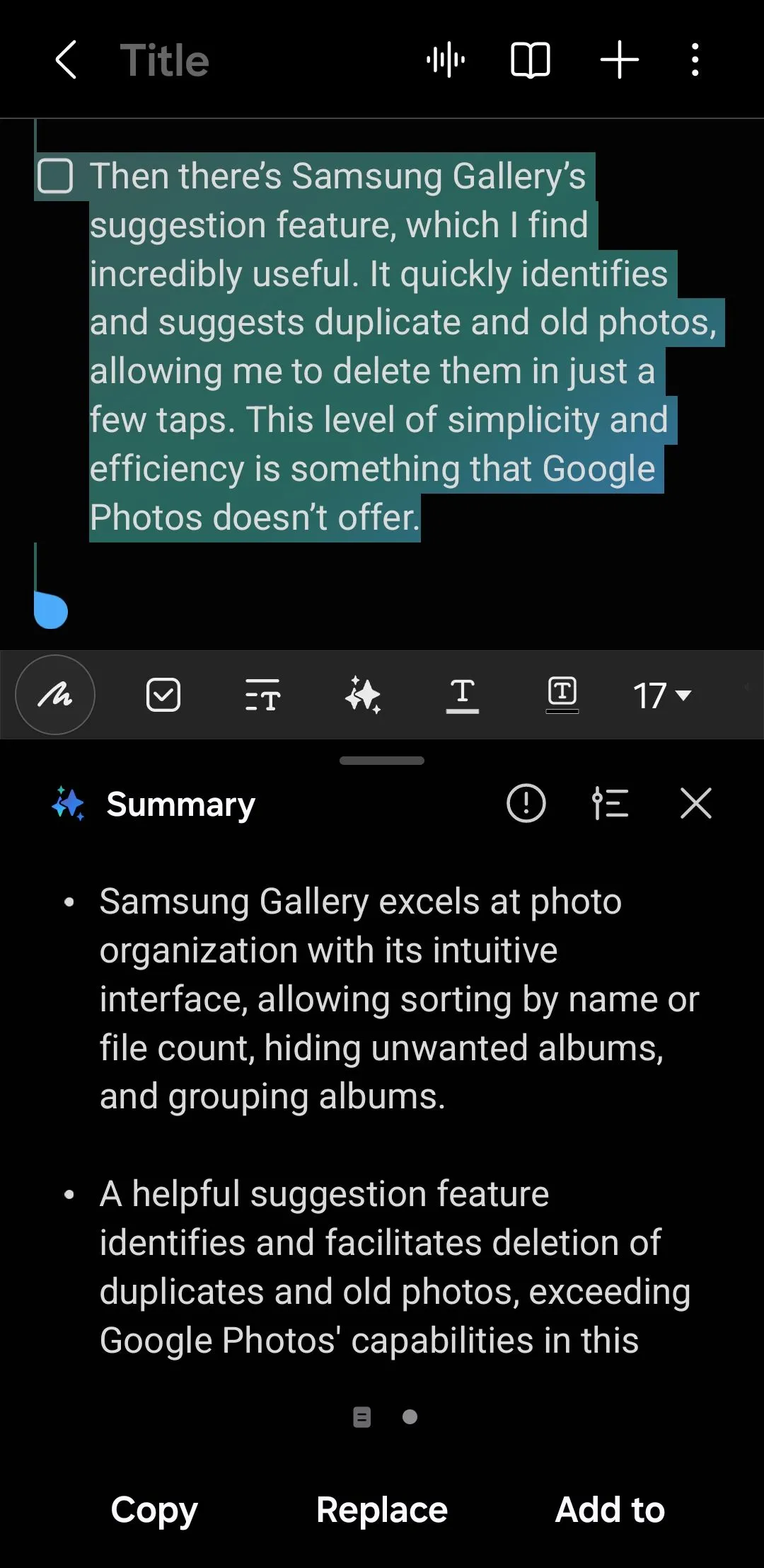 Màn hình ứng dụng Samsung Notes hiển thị bản tóm tắt tự động của một ghi chú dài, tối ưu hóa bởi Galaxy AI.