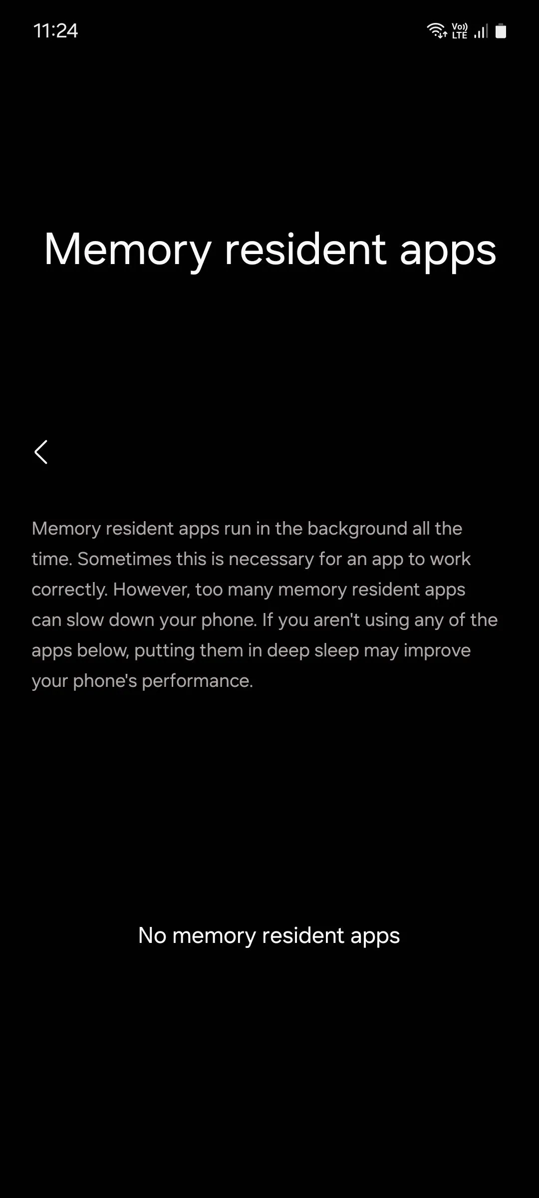 Màn hình Ứng dụng thường trú bộ nhớ trên Samsung, liệt kê các ứng dụng luôn chạy nền và tùy chọn quản lý chúng.