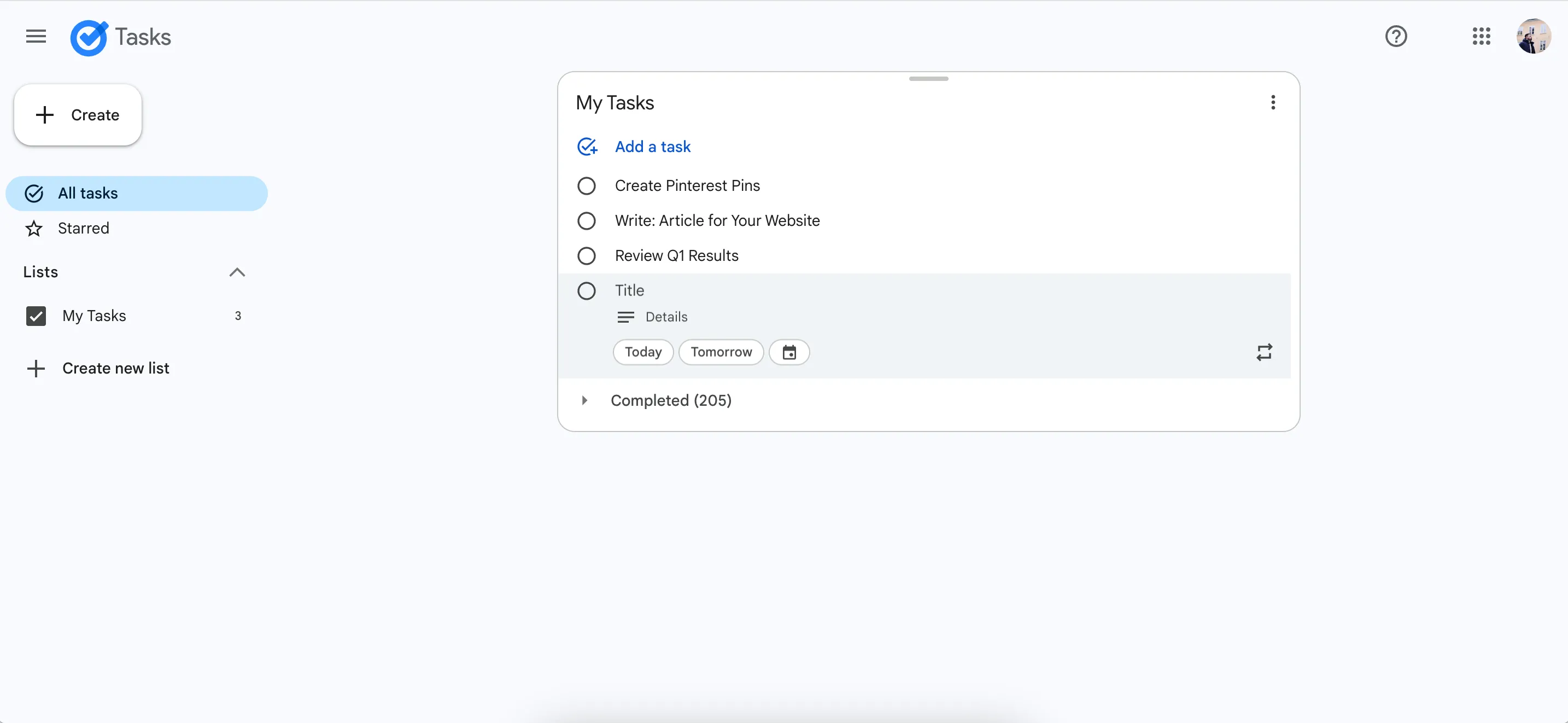 Màn hình ứng dụng web Google Tasks giúp người dùng lập kế hoạch công việc hàng ngày