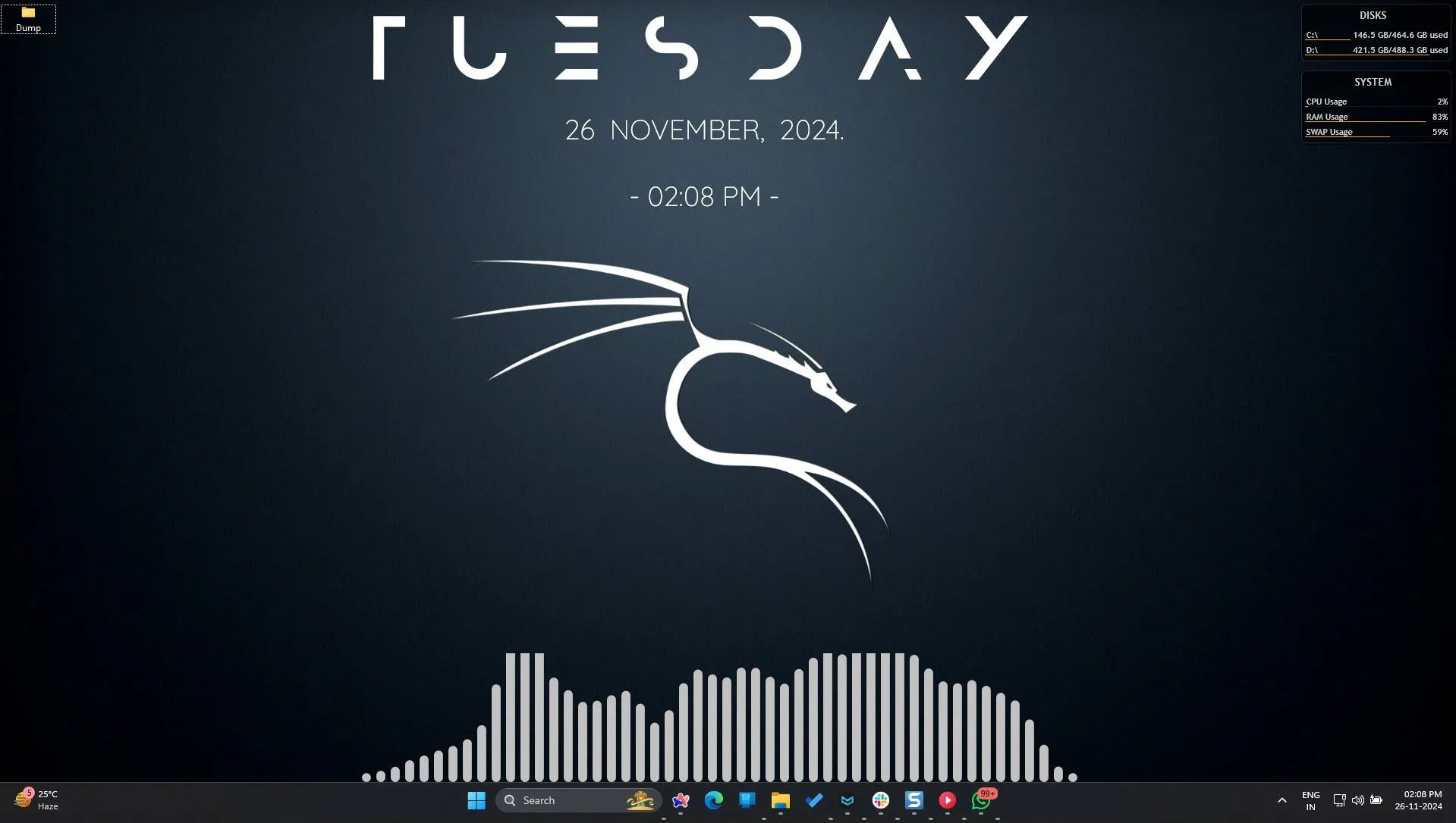 Màn hình Windows 11 được tùy biến với Rainmeter, hiển thị đồng hồ và visualizer audio